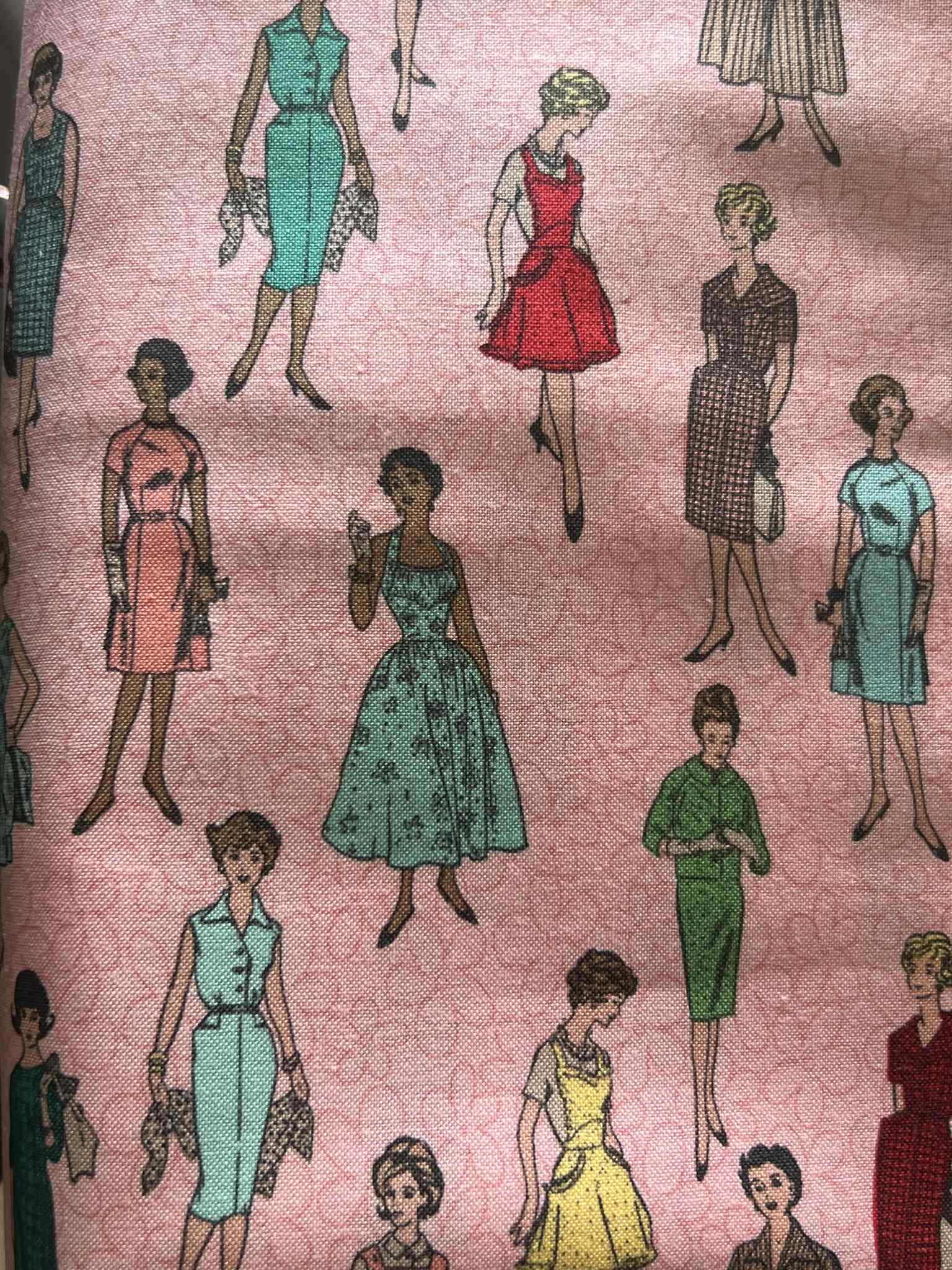 "Retro Ladies" Pink background Cotton Fabric