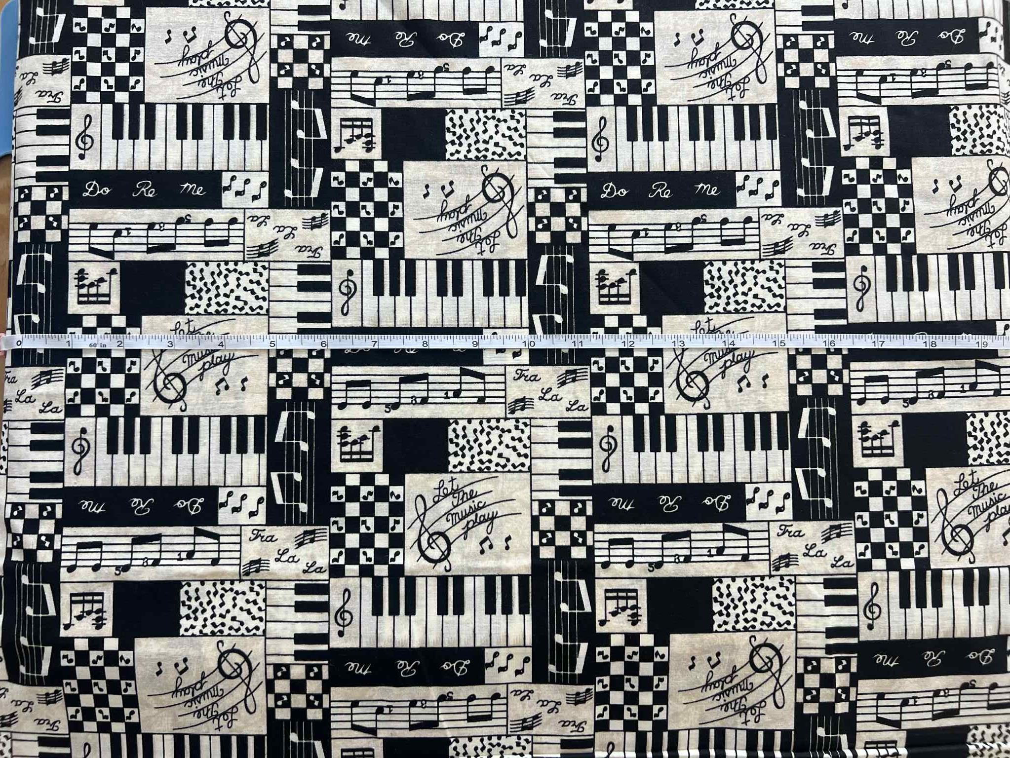 "Piano Keys and Sheet Music" Black and Cream Cotton Fabric 