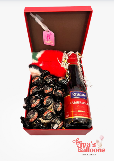 CAJA DE REGALO CON VINO Y CHOCOLATES