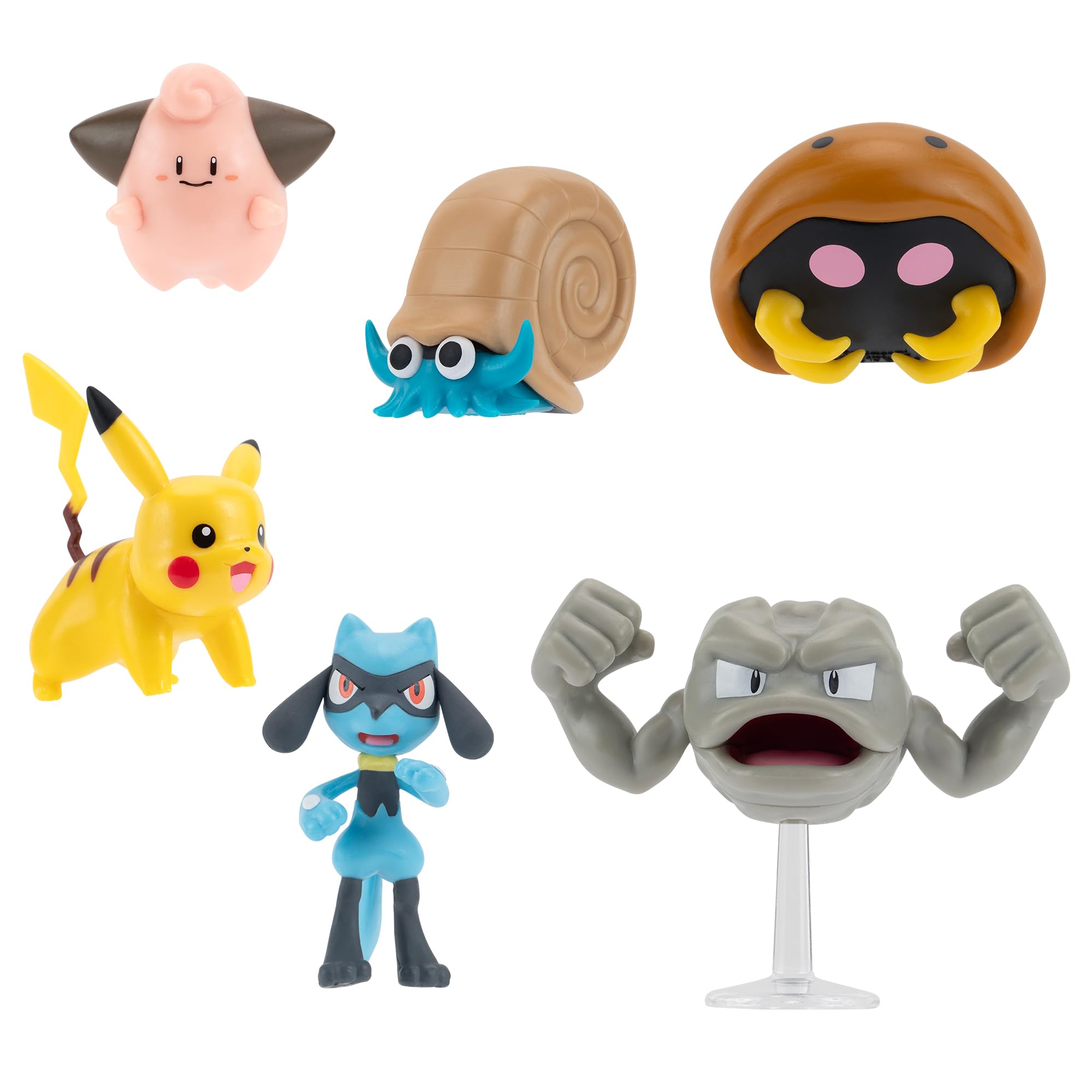 Pokémon: Pack de 6 Figuras de Batalla – 2 pulgadas (Pikachu, Cleffa, Riolu, Geodude, Omanyte y Kabuto) – JAZPKW3613
