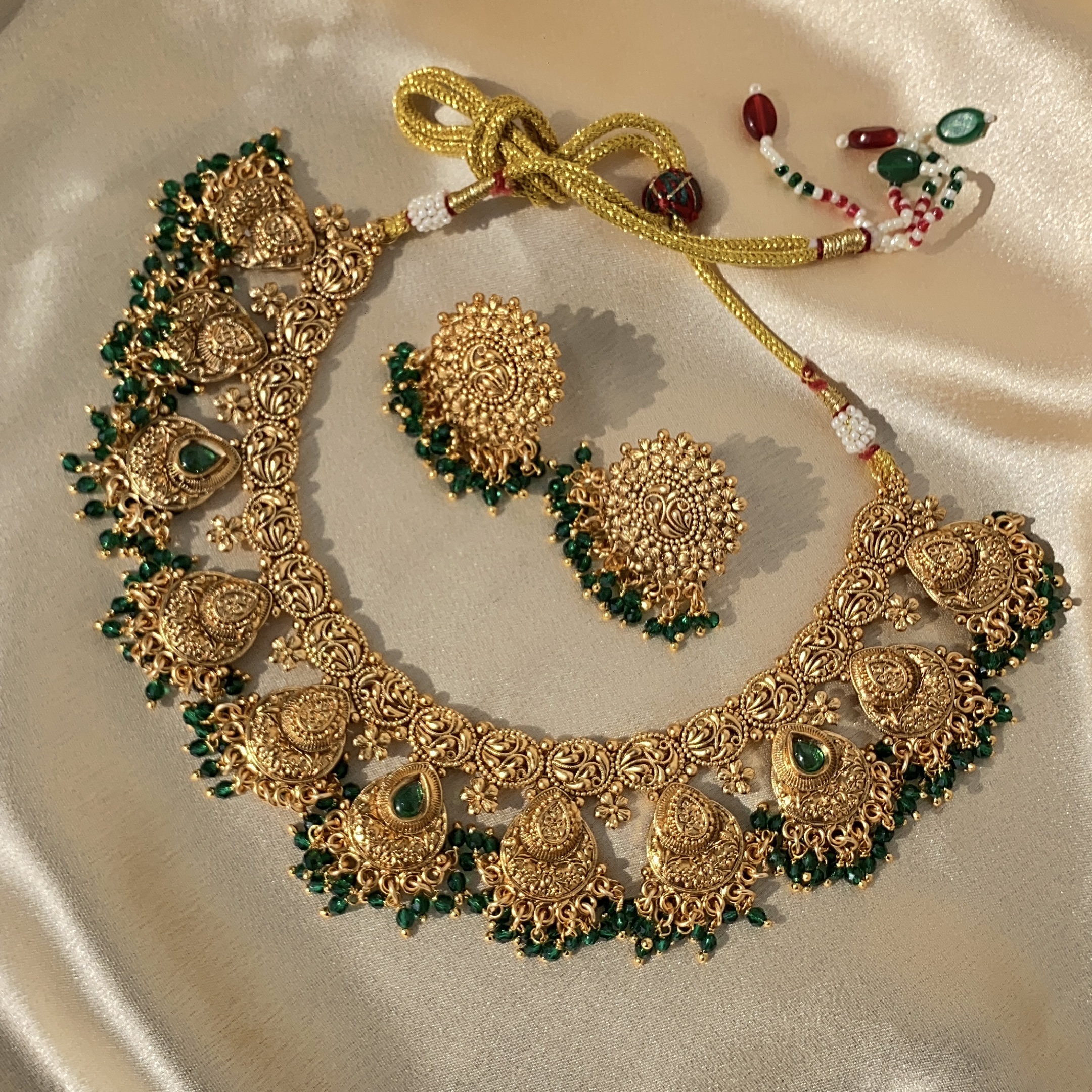 Brass Necklace with Earrings (green stone)