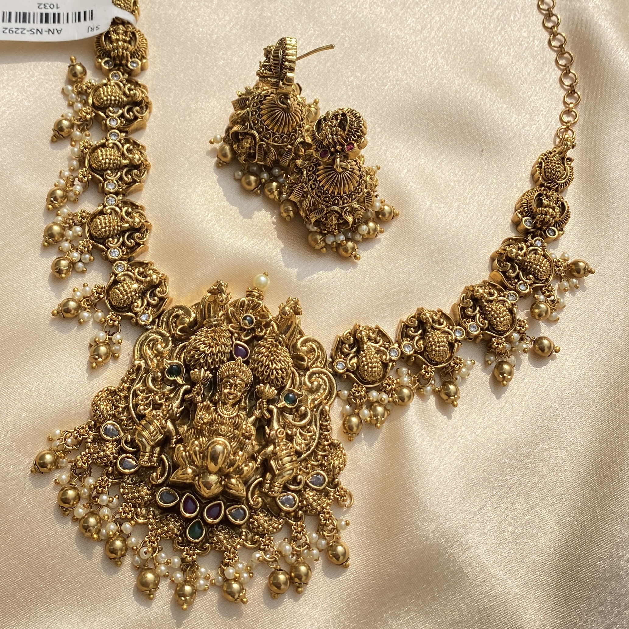 Antique Pure Brass Temple Necklace Set with Earrings