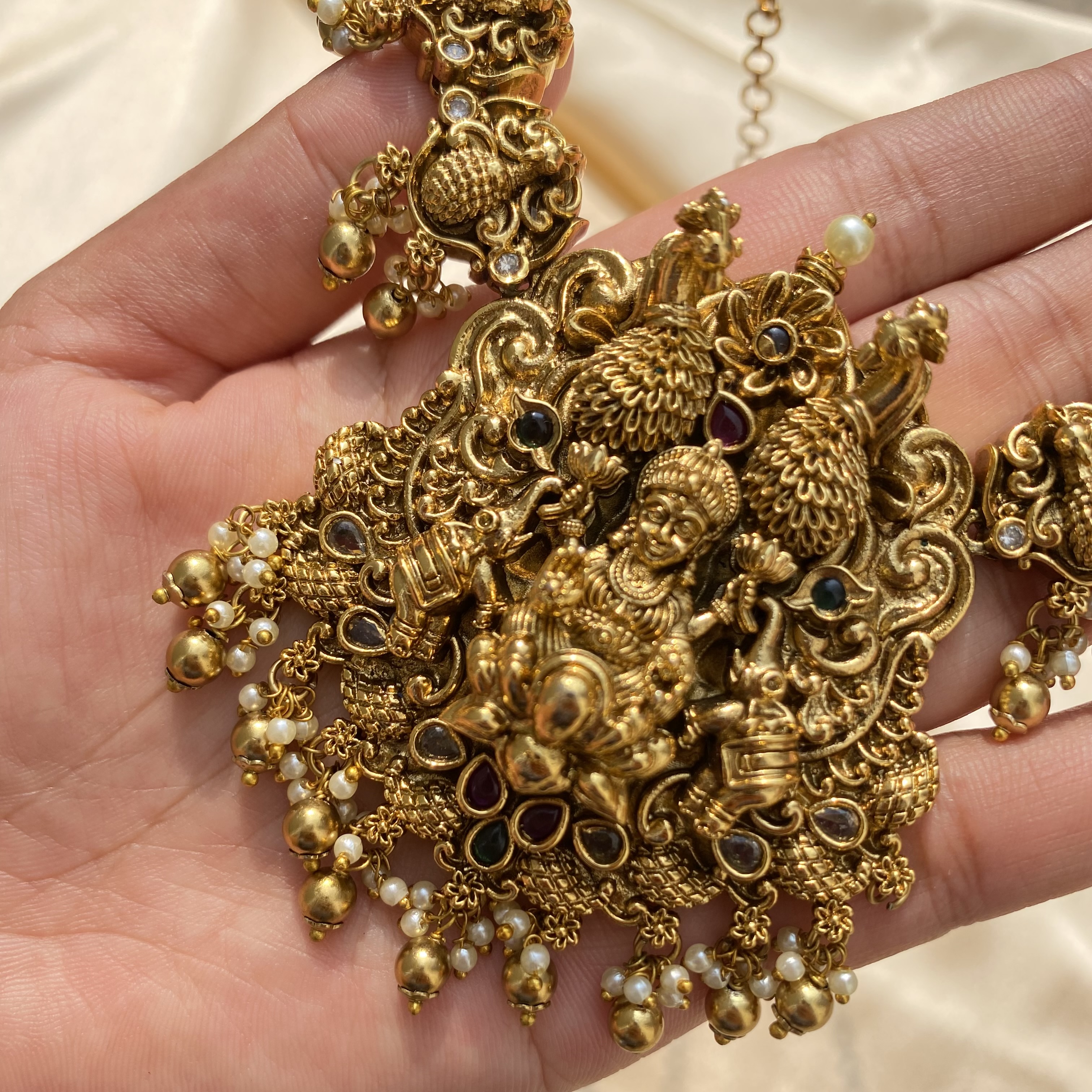 Antique Pure Brass Temple Necklace Set with Earrings