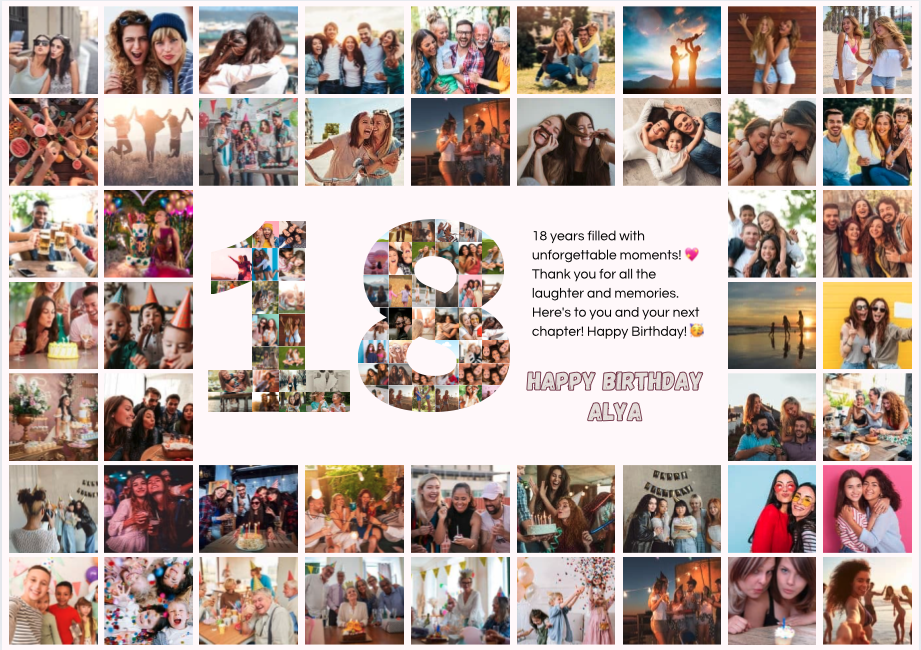 🎁 Celebrate 18 Unforgettable Years: Your Personal Photo Collage Birthday Template (Canva)
