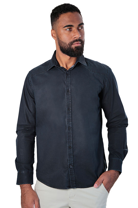 Camisa jeans masculina manga longa slim fit black estonada
