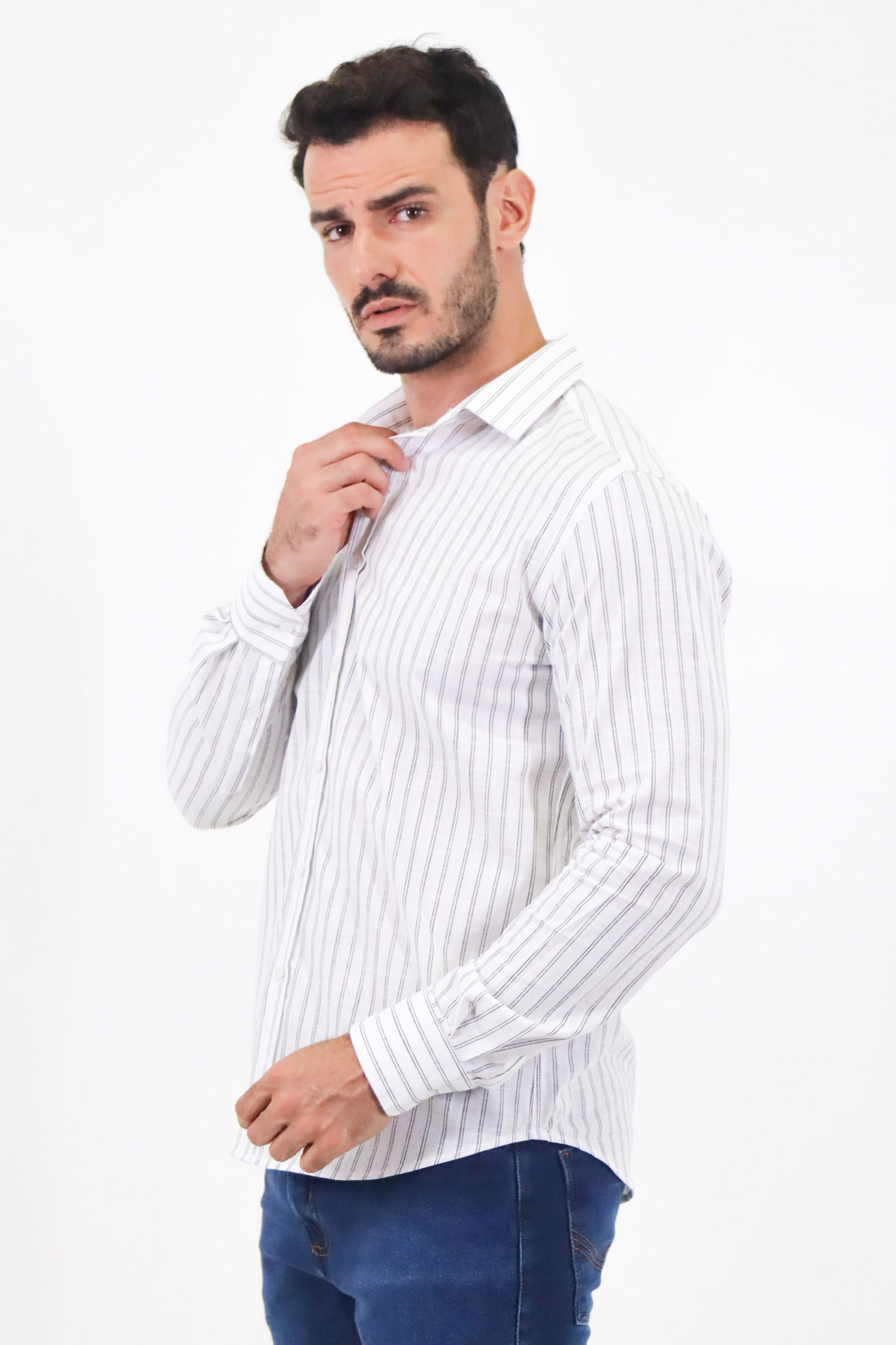 Camisa social manga longa slim fit listras dupla