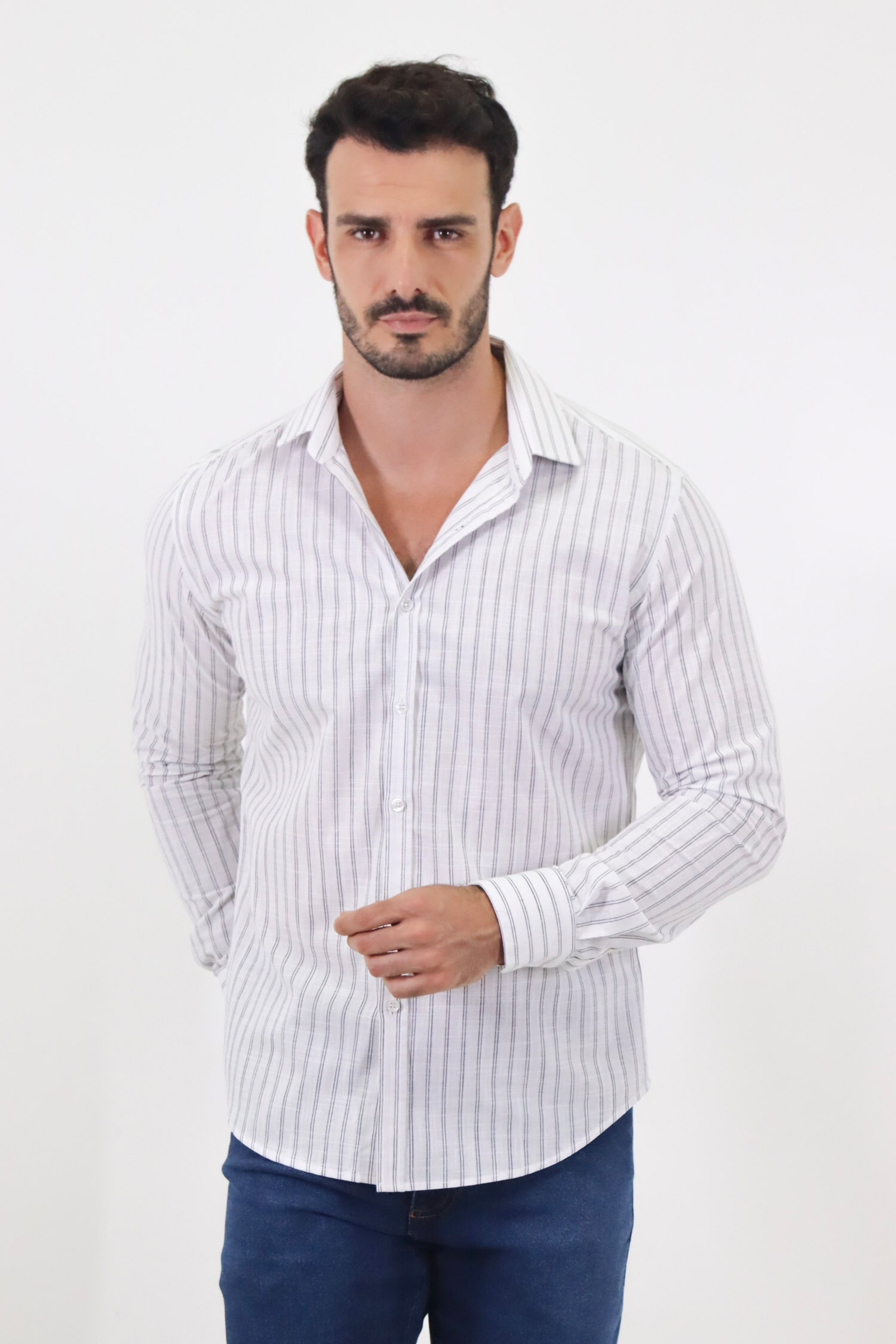 Camisa social manga longa slim fit listras dupla