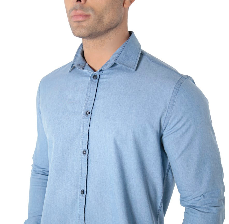 Camisa jeans manga longa slim fit