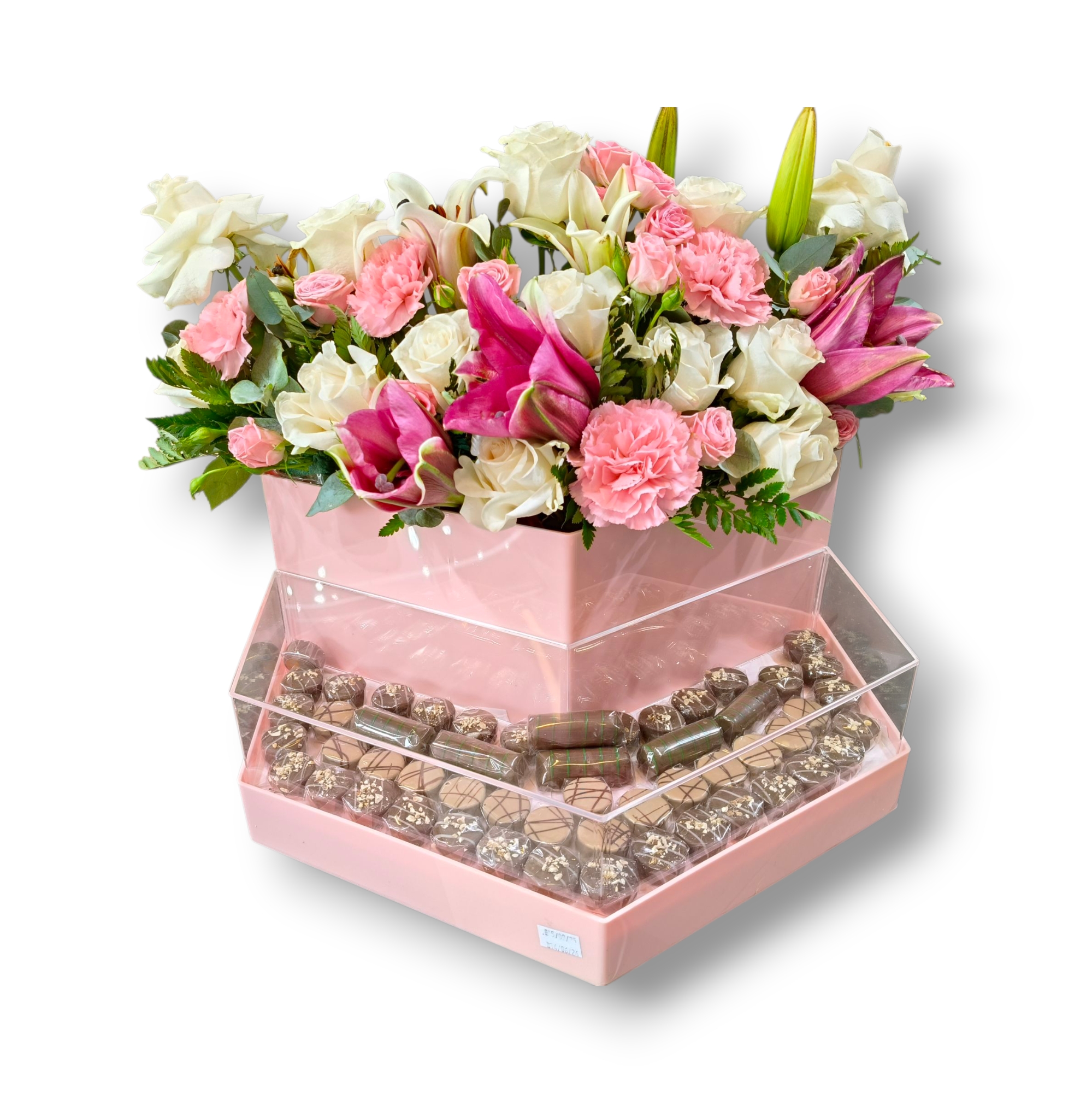 Flower and chocolate arrangement in box