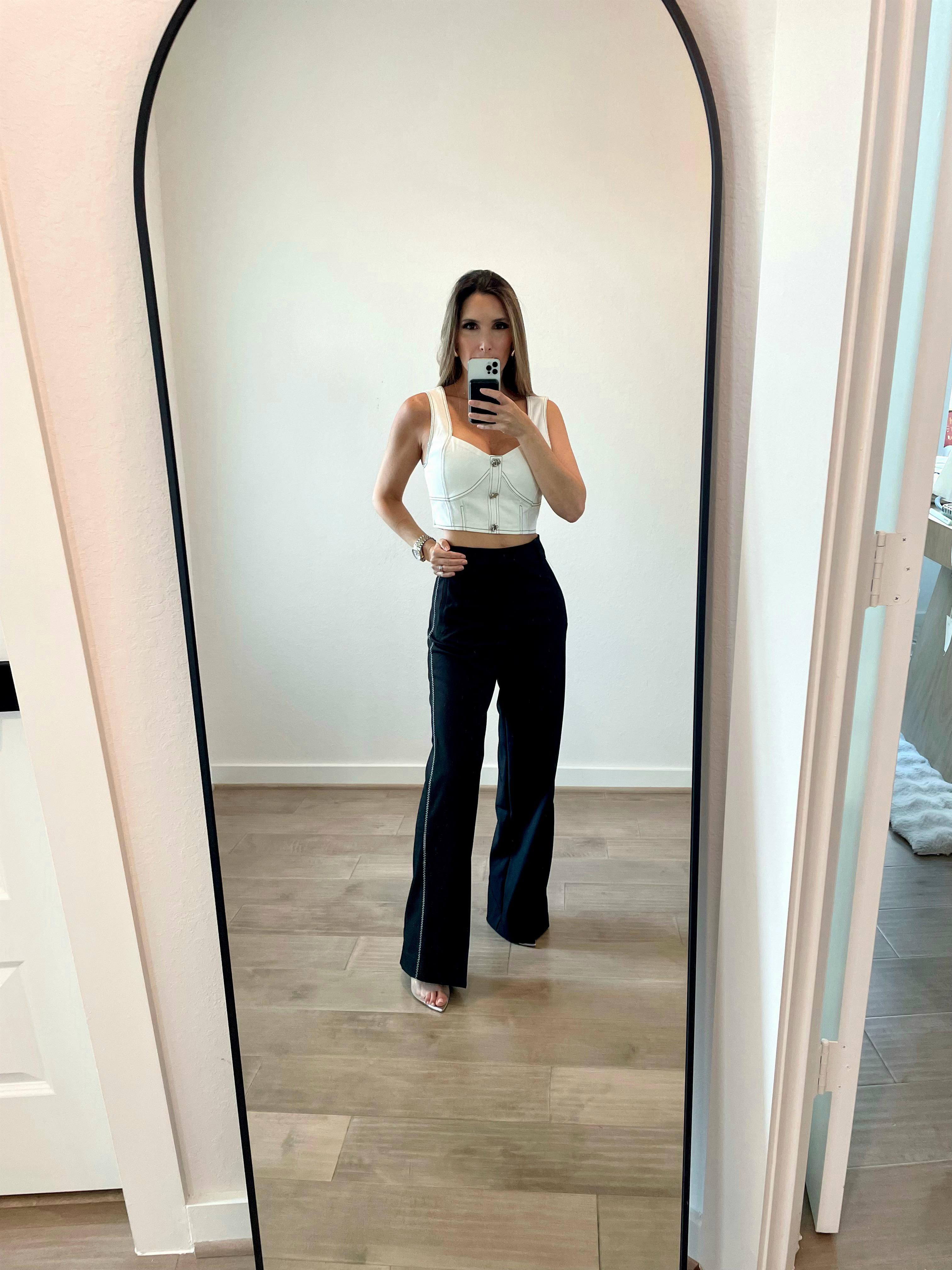 White Button-Up Cropped Top and Black Pants