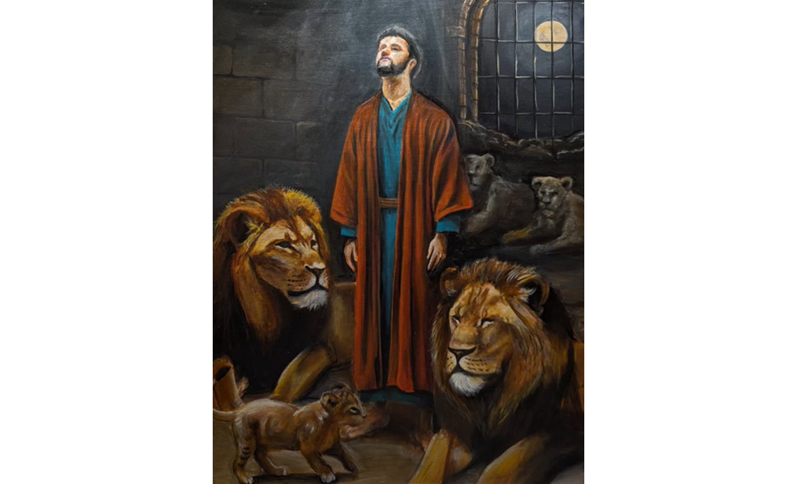 "Daniel surrounded by Lions, saved by God"