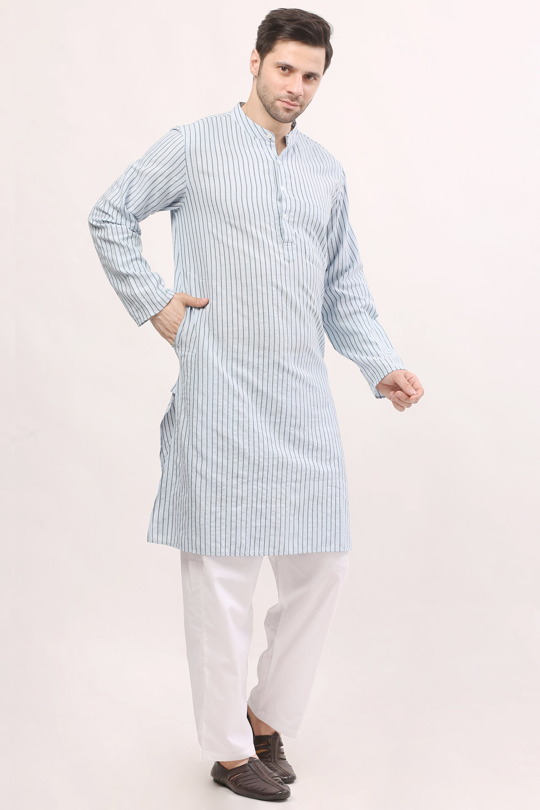 Men's Sky Blue Handloom Striped Kurta