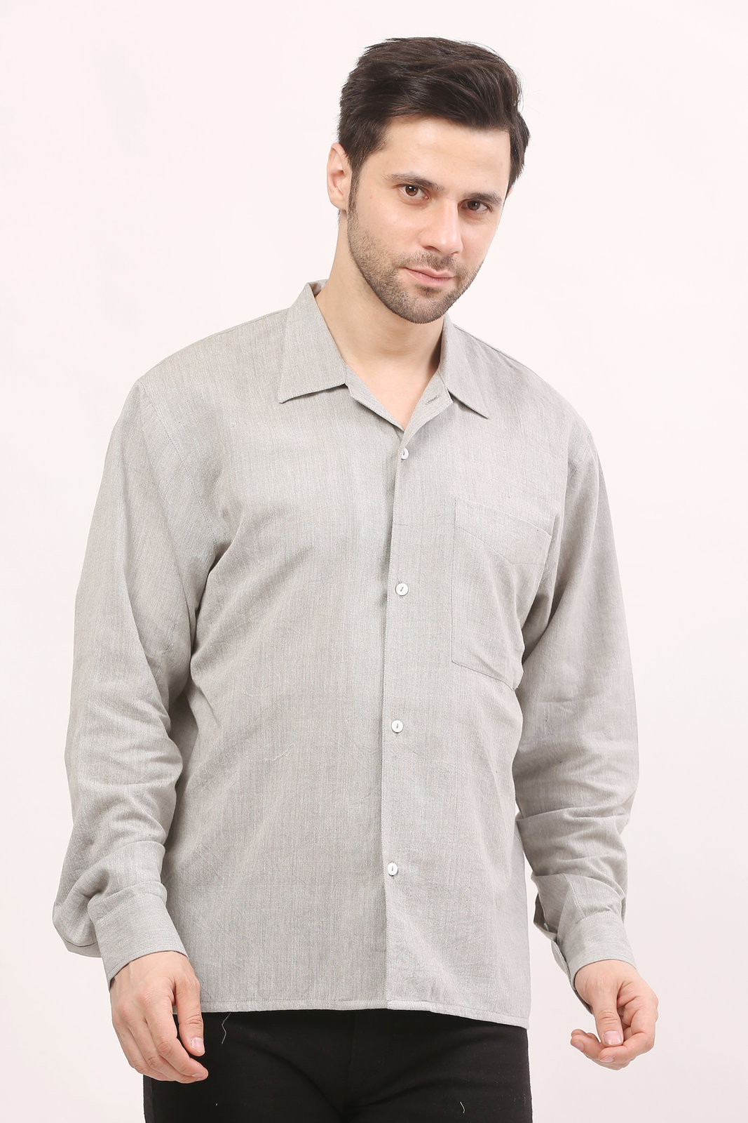 Soft Grey Handloom Camp-Collar Shirt