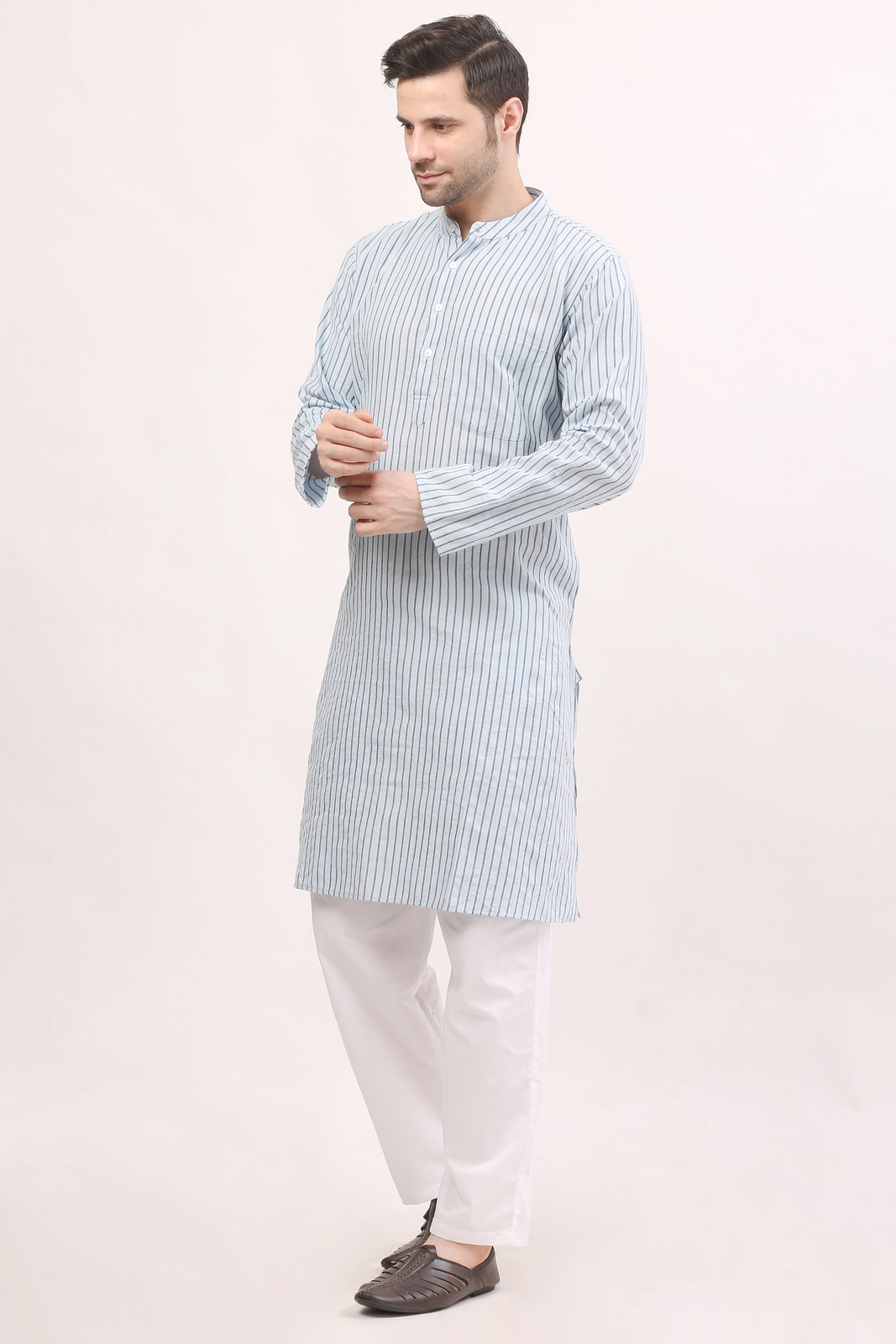 Men's Sky Blue Handloom Striped Kurta