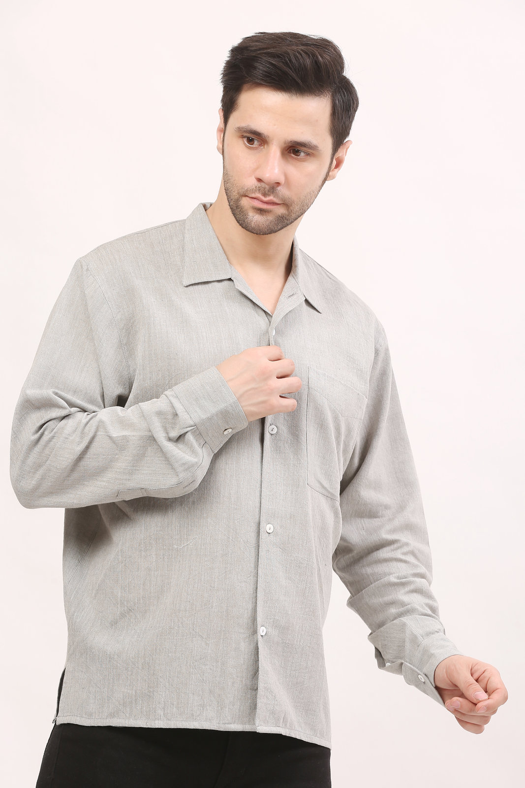 Soft Grey Handloom Camp-Collar Shirt