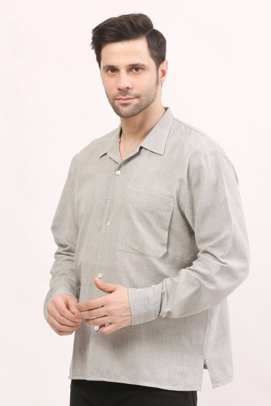 Soft Grey Handloom Camp-Collar Shirt