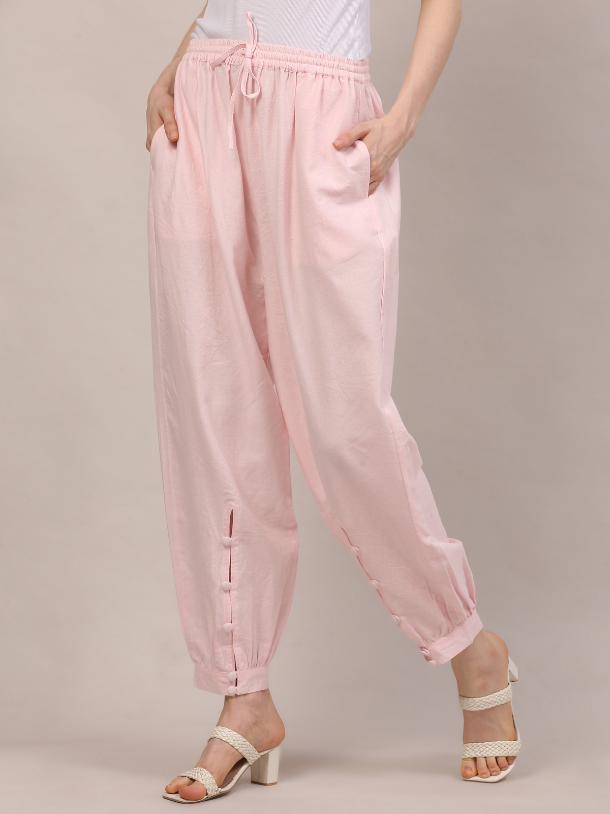 Blush Pink Handloom Cotton Tapered Pants