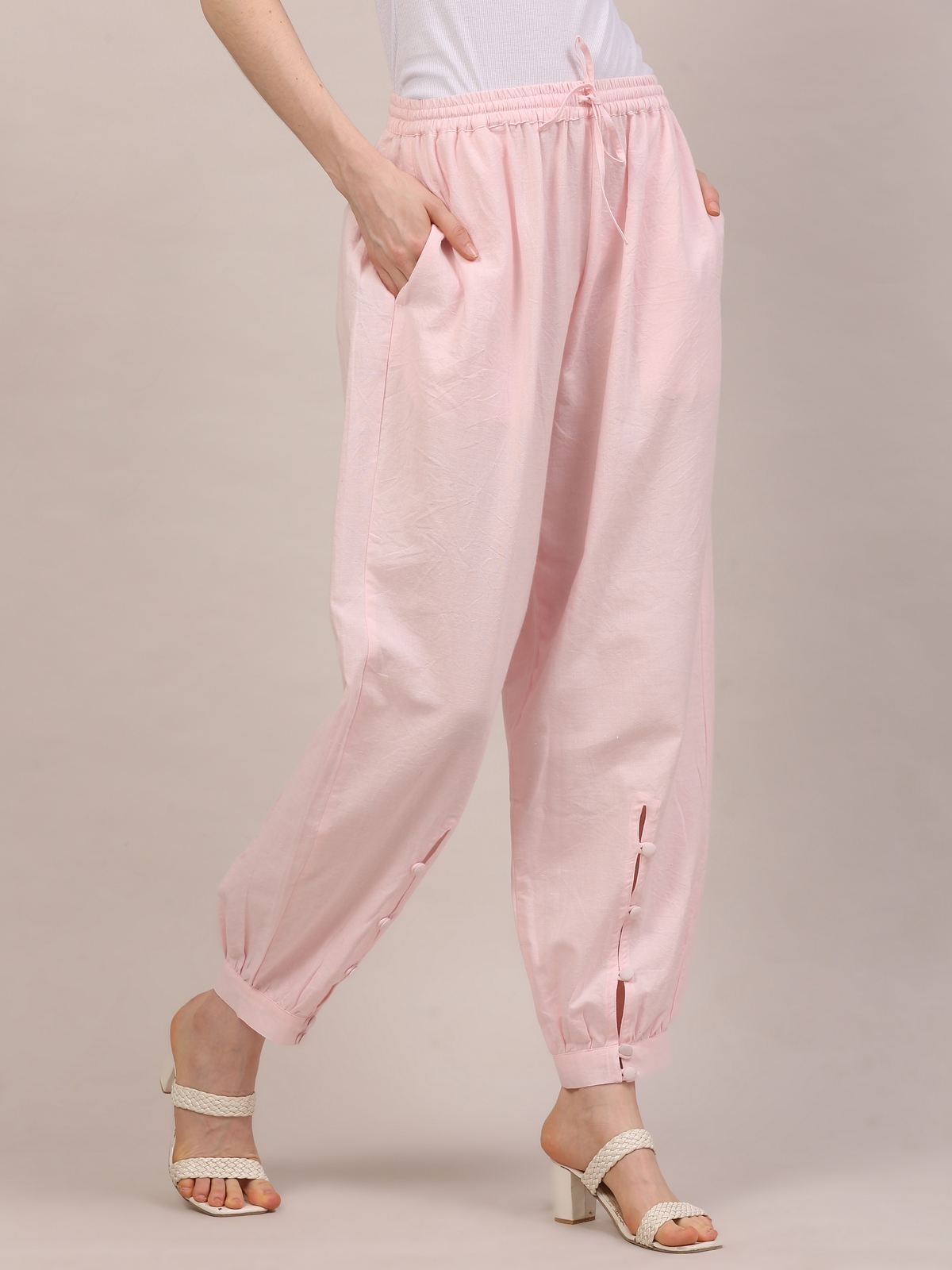 Blush Pink Handloom Cotton Tapered Pants