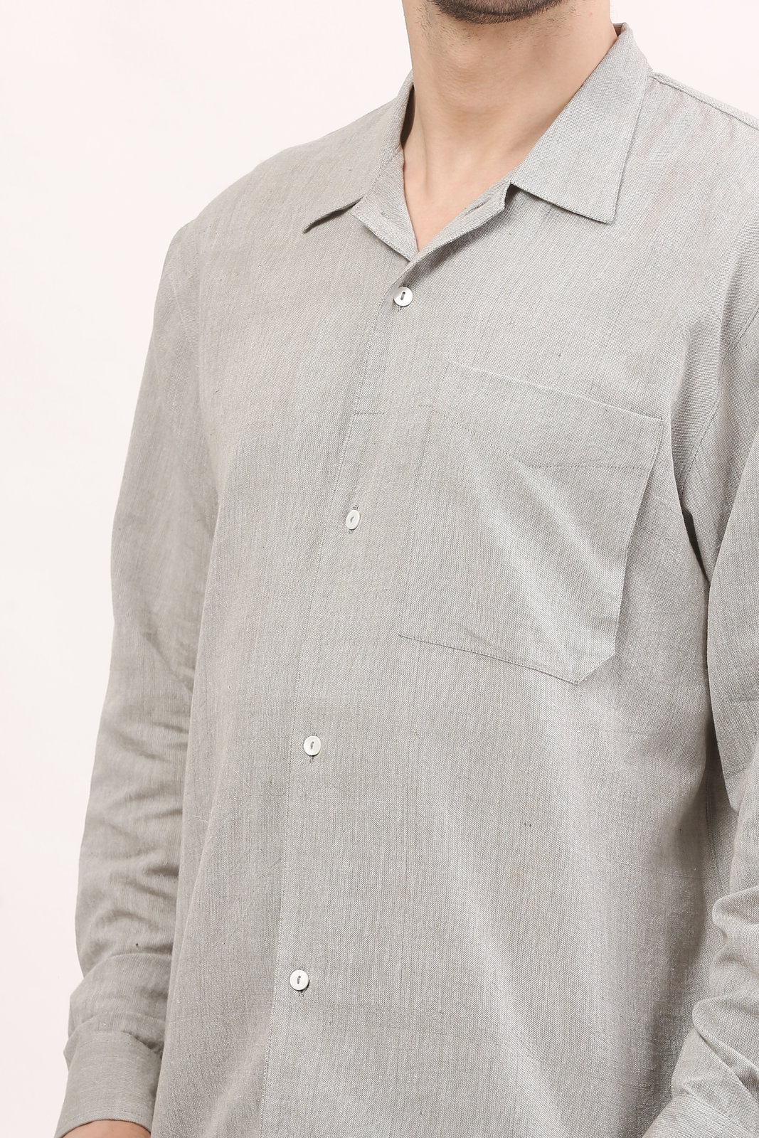 Soft Grey Handloom Camp-Collar Shirt