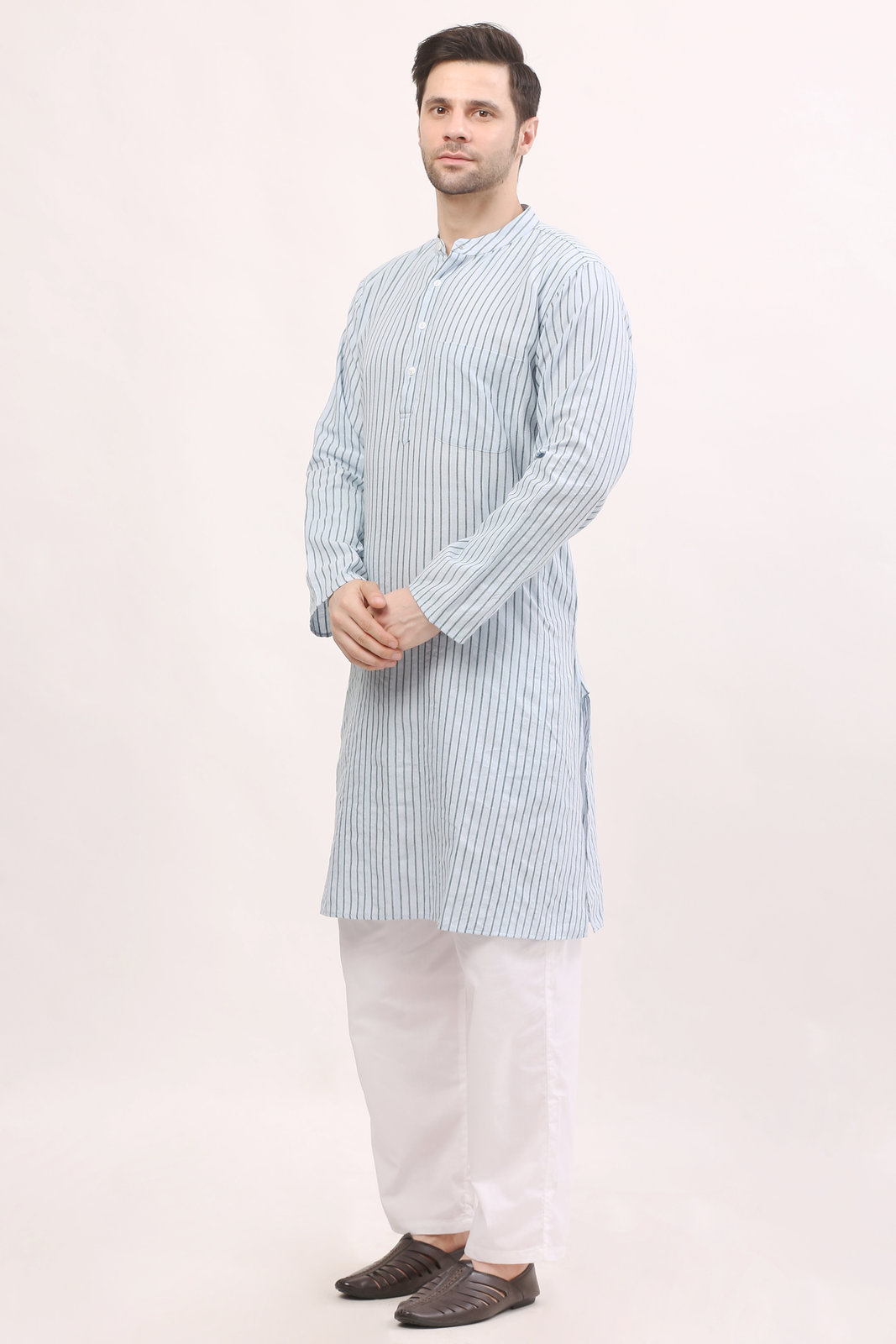 Men's Sky Blue Handloom Striped Kurta