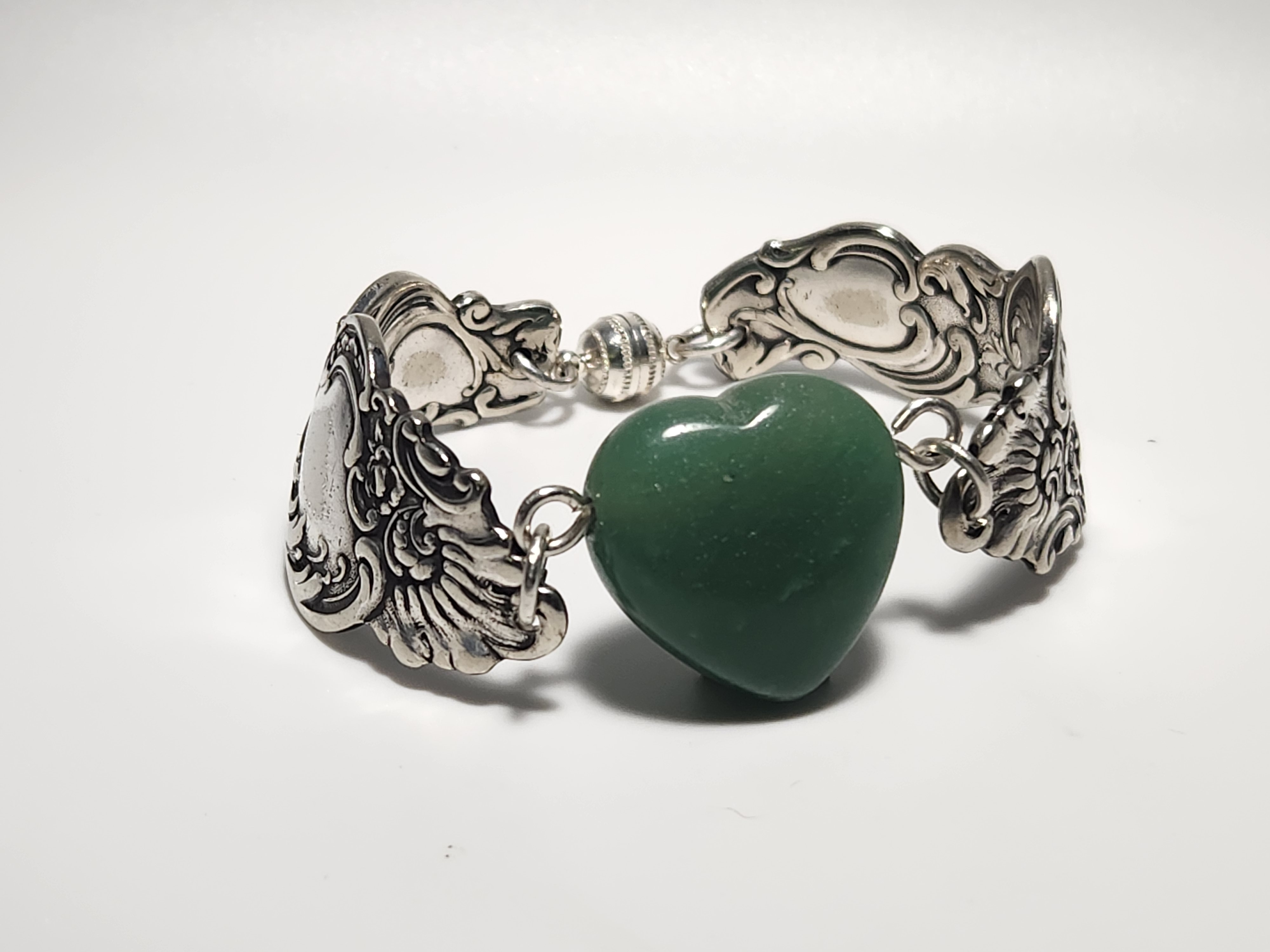 Green Aventurine Heart Bracelet | Upcycled Silverware Jewelry | Attract Luck & Renewal
