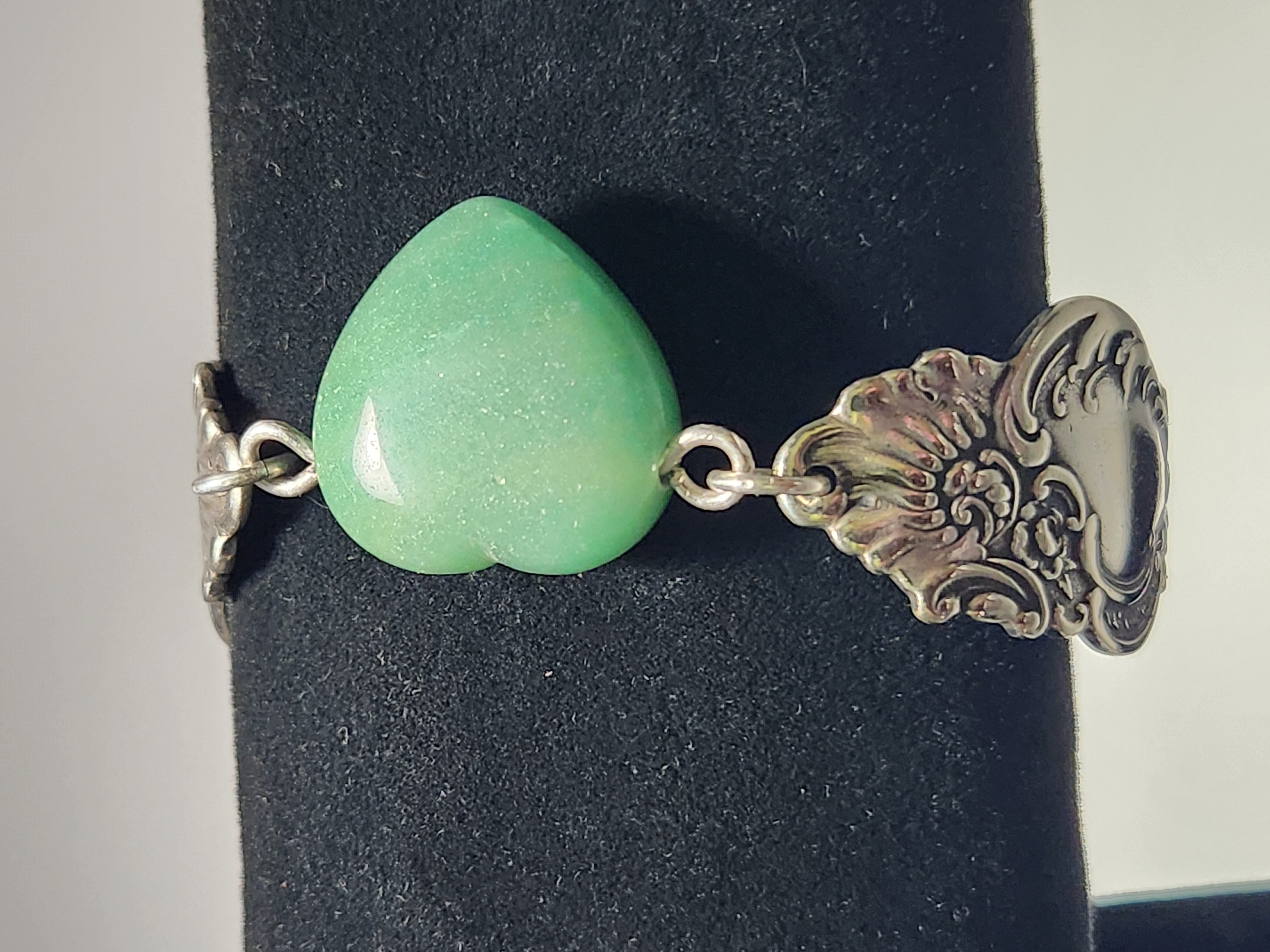 Green Aventurine Heart Bracelet | Upcycled Silverware Jewelry | Attract Luck & Renewal