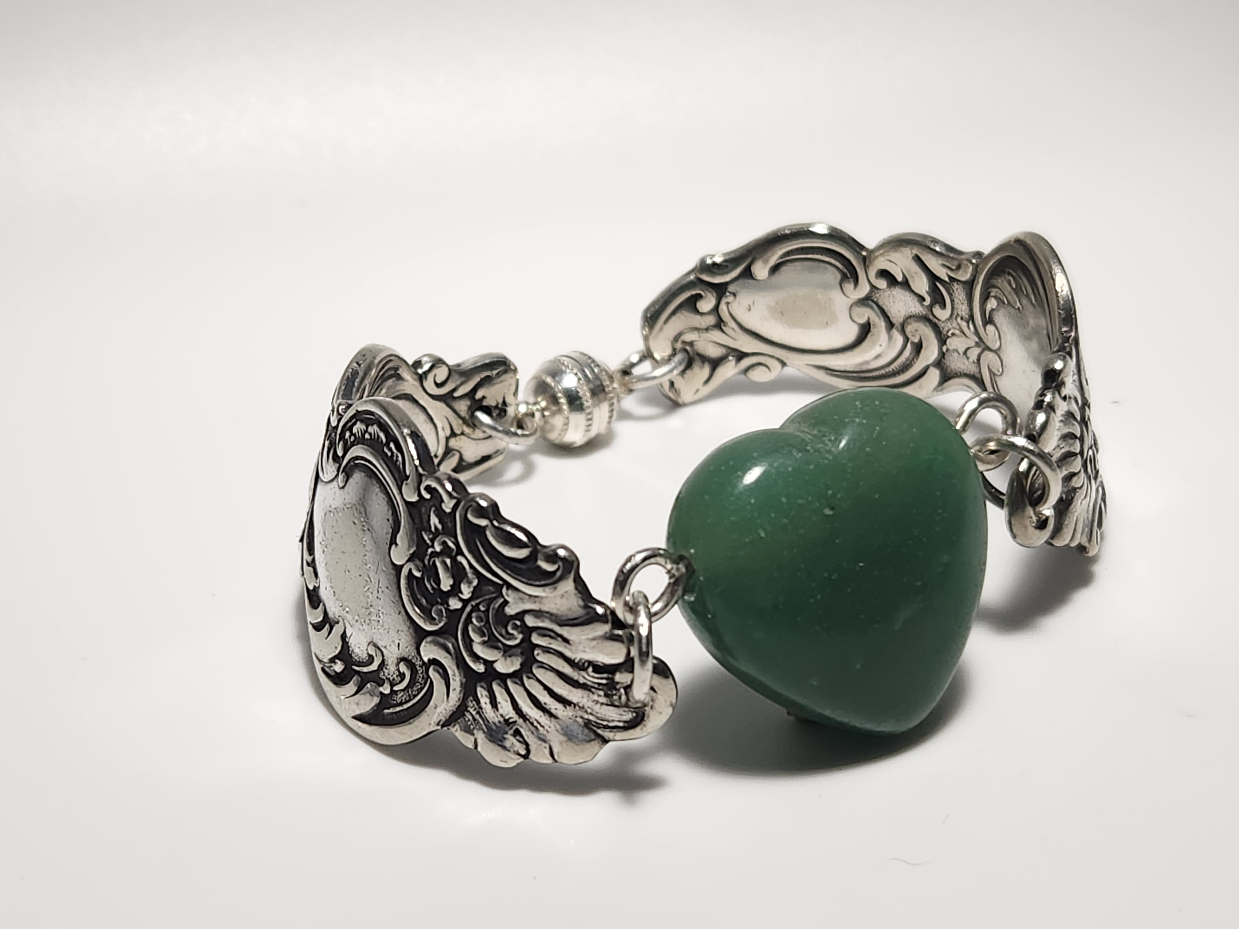 Green Aventurine Heart Bracelet | Upcycled Silverware Jewelry | Attract Luck & Renewal