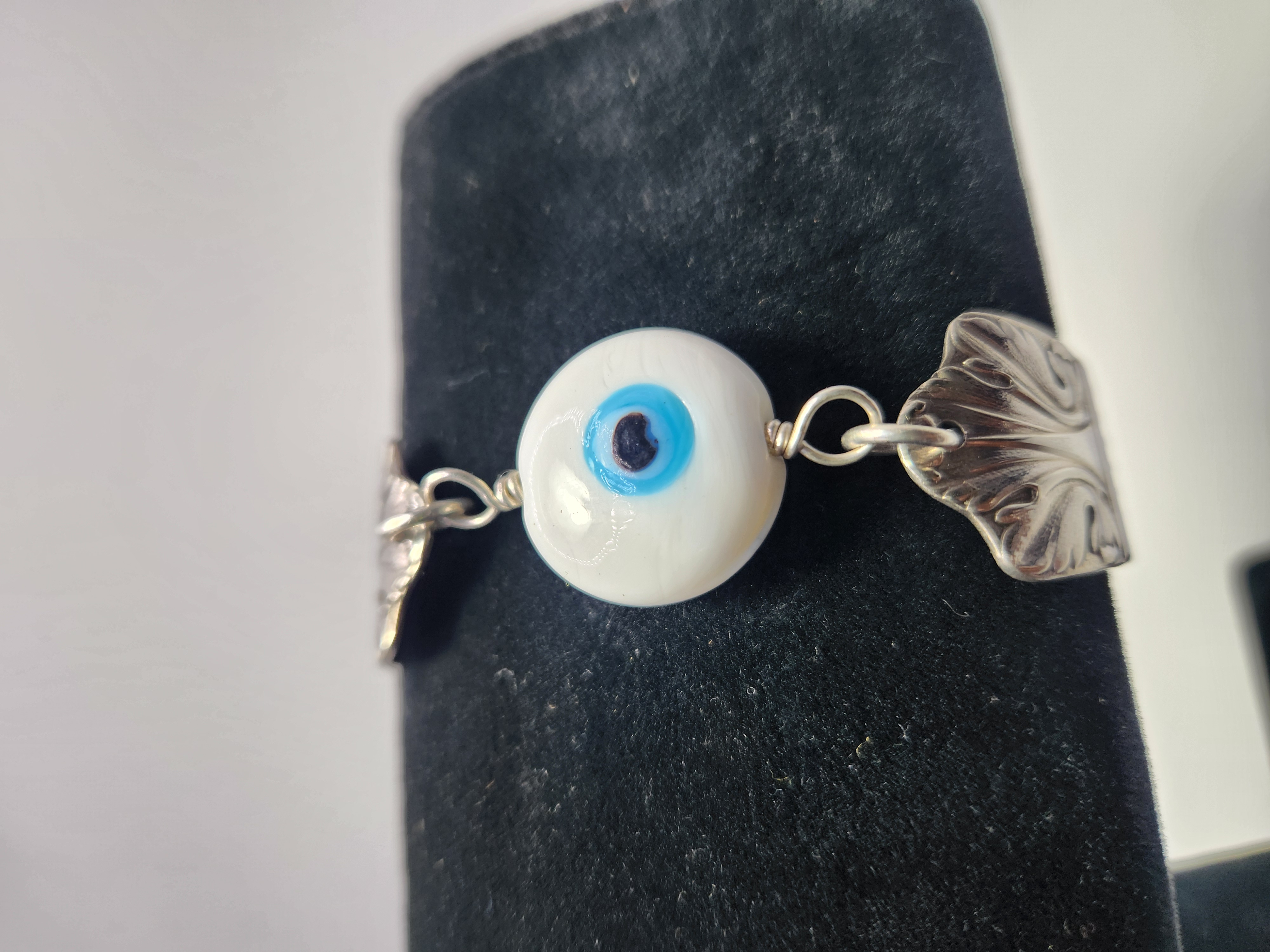 White & Blue Evil Eye Bracelet | Upcycled Silverware Jewelry | Ward Off Negativity and Deflect Harmful Energy