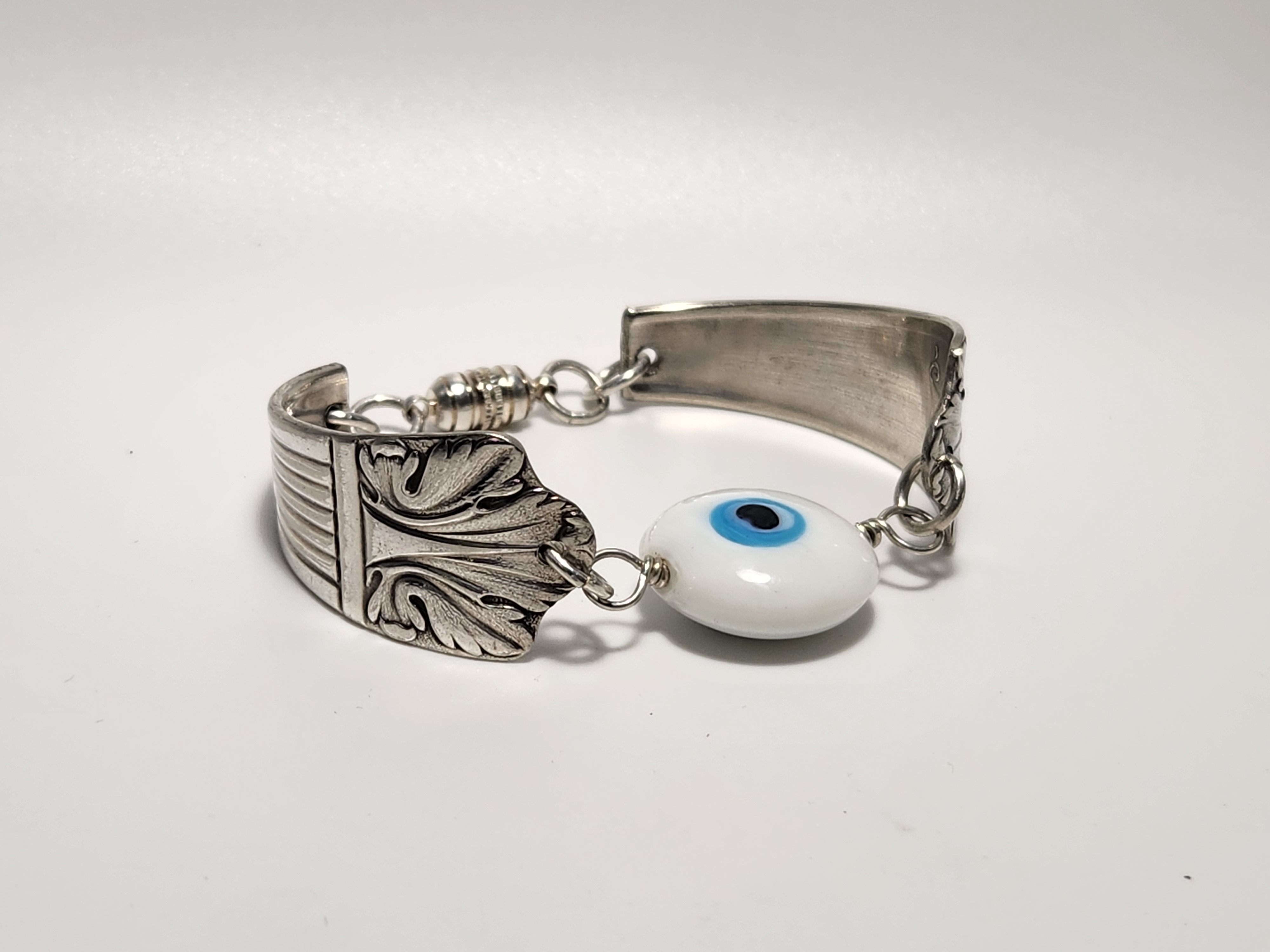 White & Blue Evil Eye Bracelet | Upcycled Silverware Jewelry | Ward Off Negativity and Deflect Harmful Energy