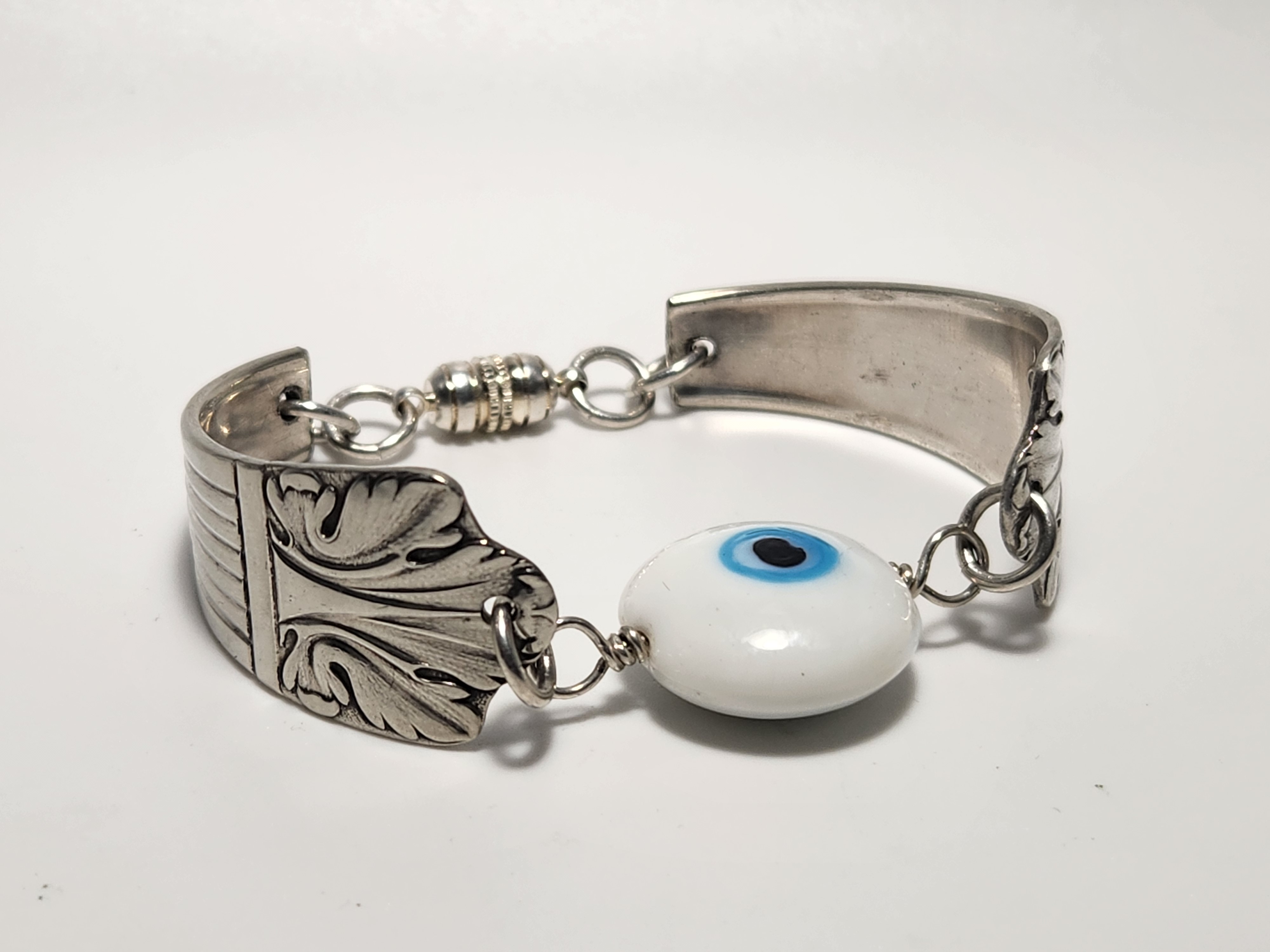White & Blue Evil Eye Bracelet | Upcycled Silverware Jewelry | Ward Off Negativity and Deflect Harmful Energy