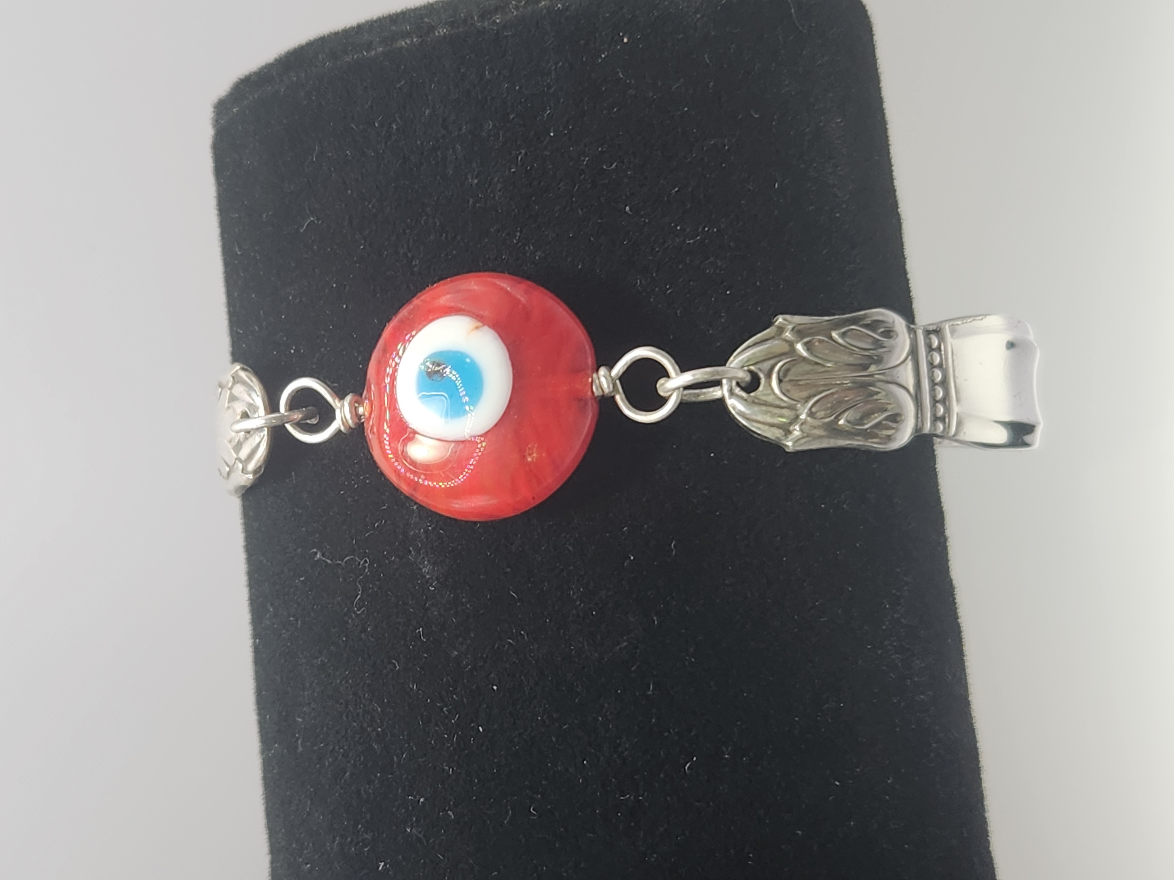 Red & White Evil Eye Bracelet | Upcycled Silverware Jewelry | Protection & Ward Off Negativity