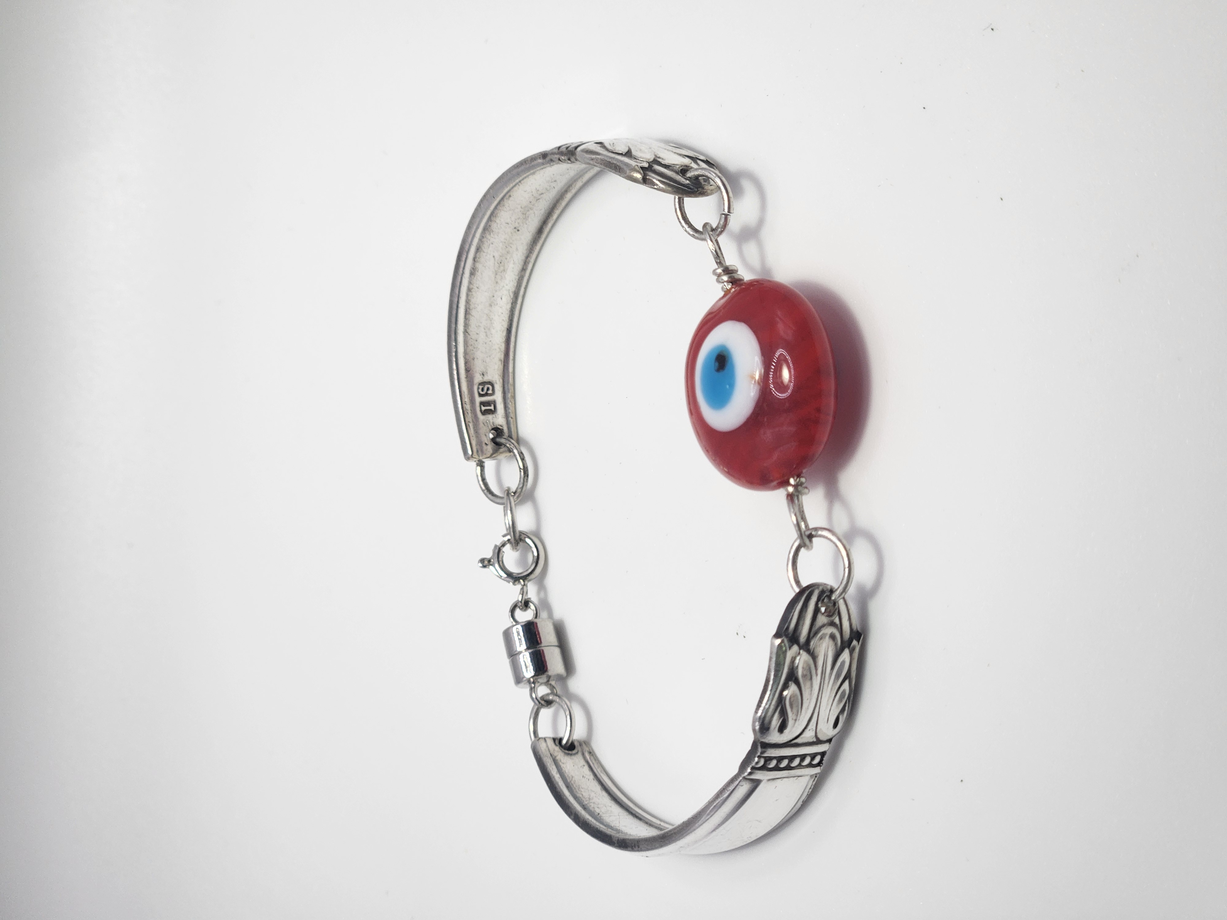 Red & White Evil Eye Bracelet | Upcycled Silverware Jewelry | Protection & Ward Off Negativity