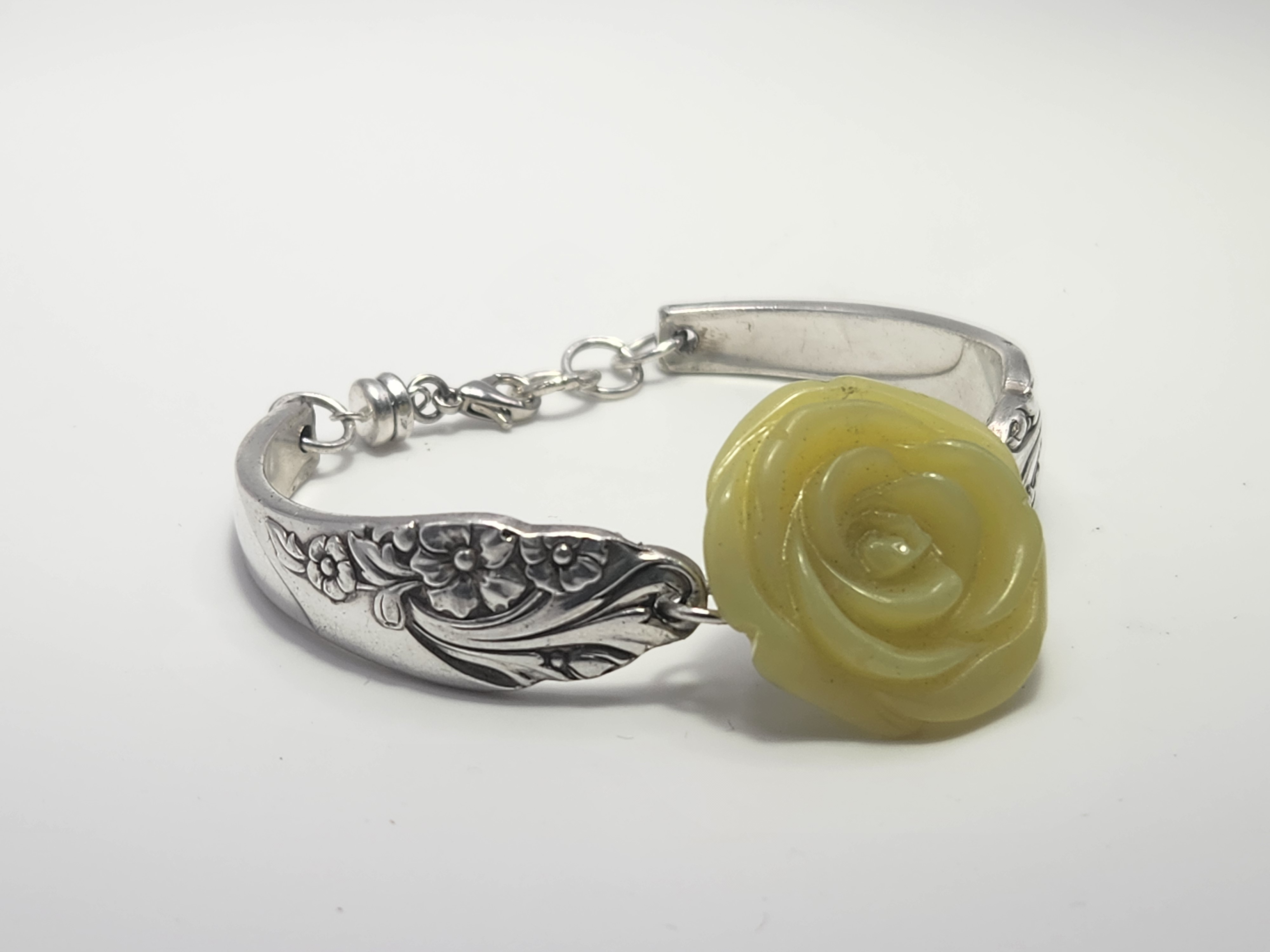 Olive Jade Rose Bracelet | Upcycled Silverware Jewelry | Peace & Harmony