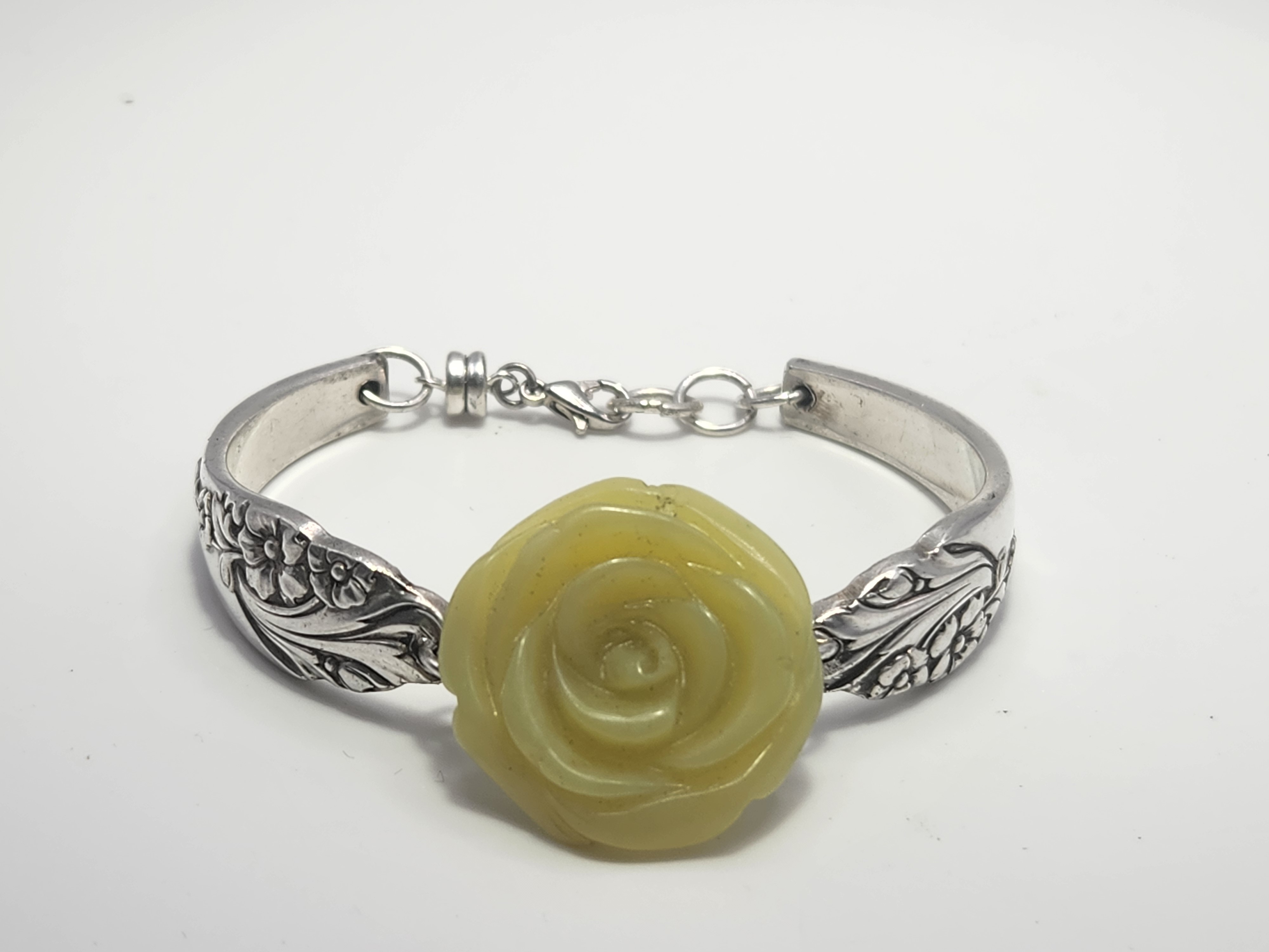 Olive Jade Rose Bracelet | Upcycled Silverware Jewelry | Peace & Harmony