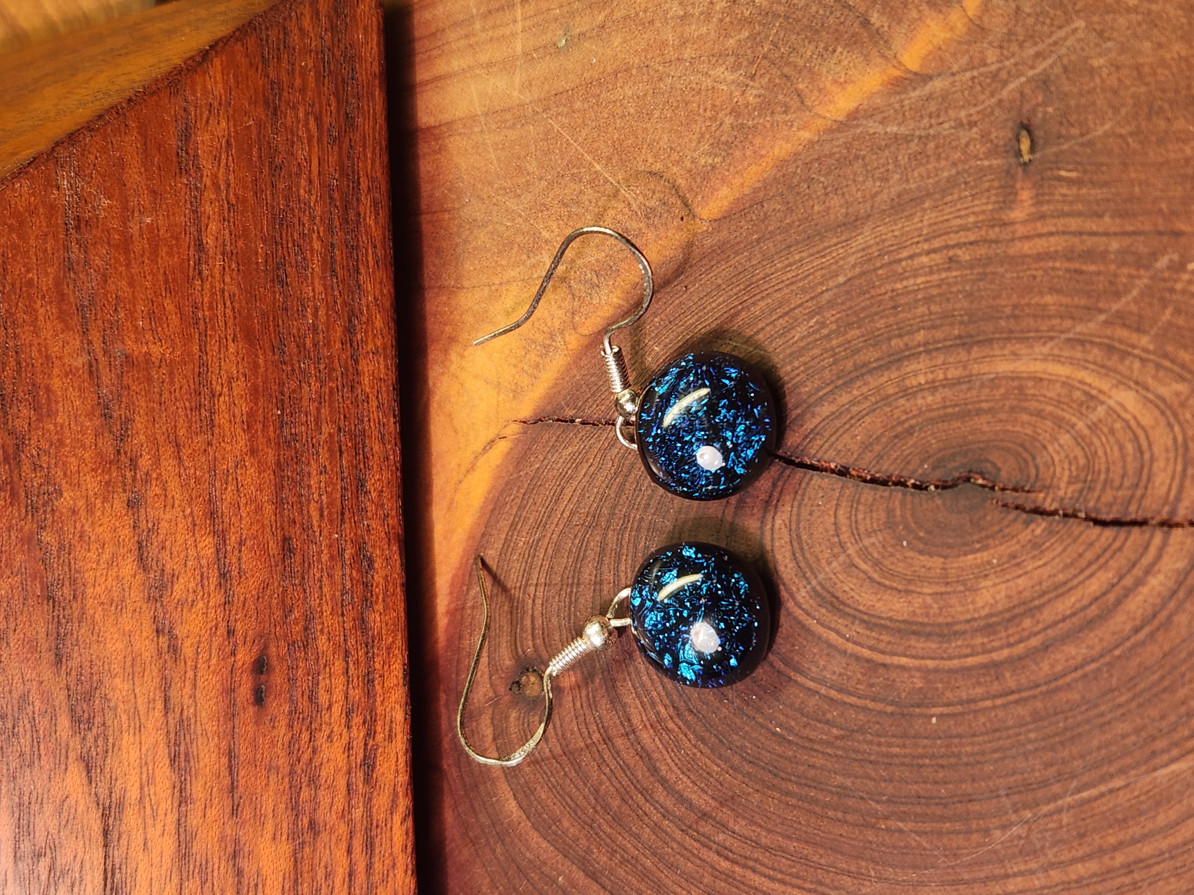 Round Blue Dichroic Fused Glass Earrings