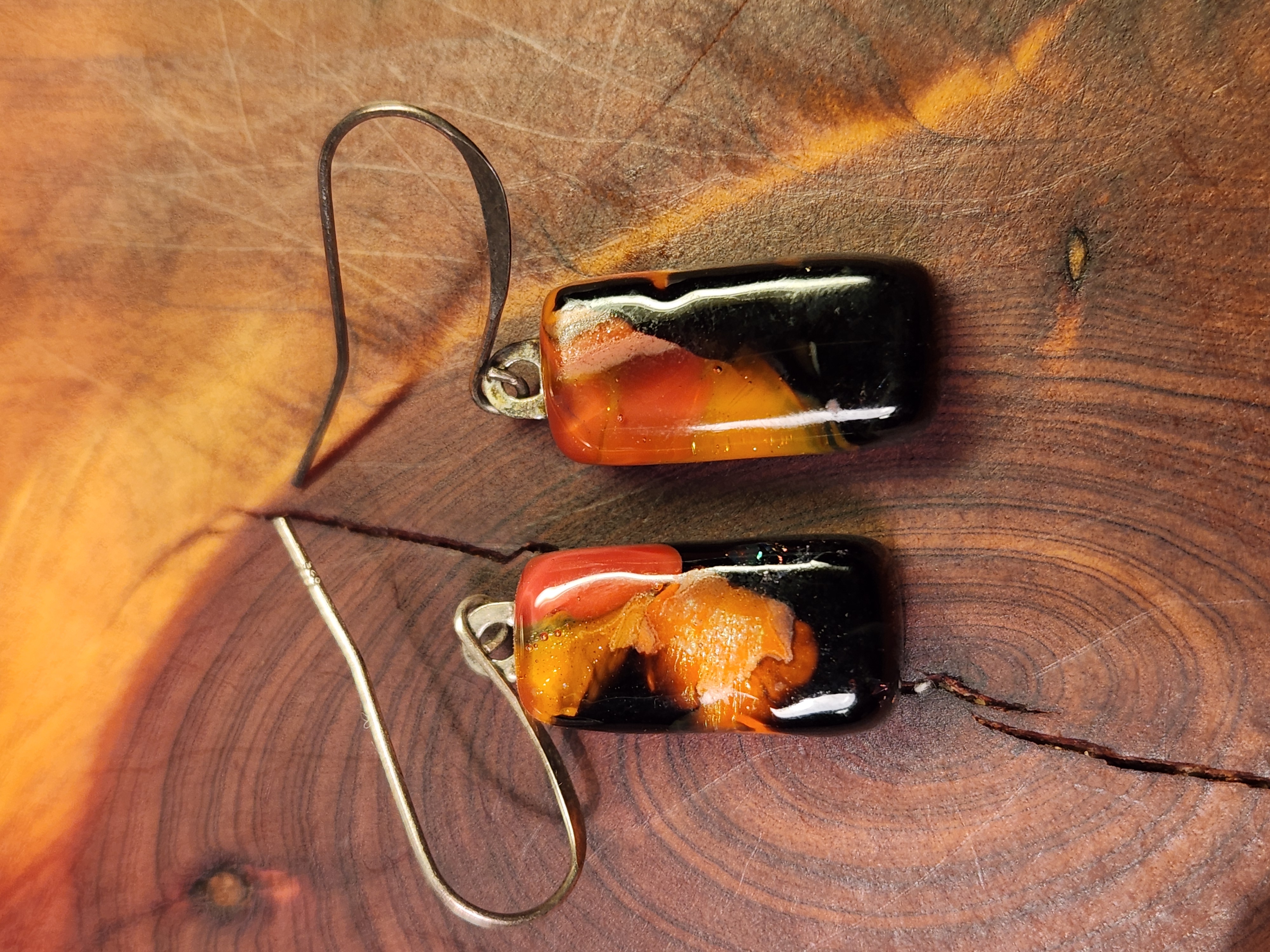 Orange & Black Swirl Dichroic Fused Glass Earrings