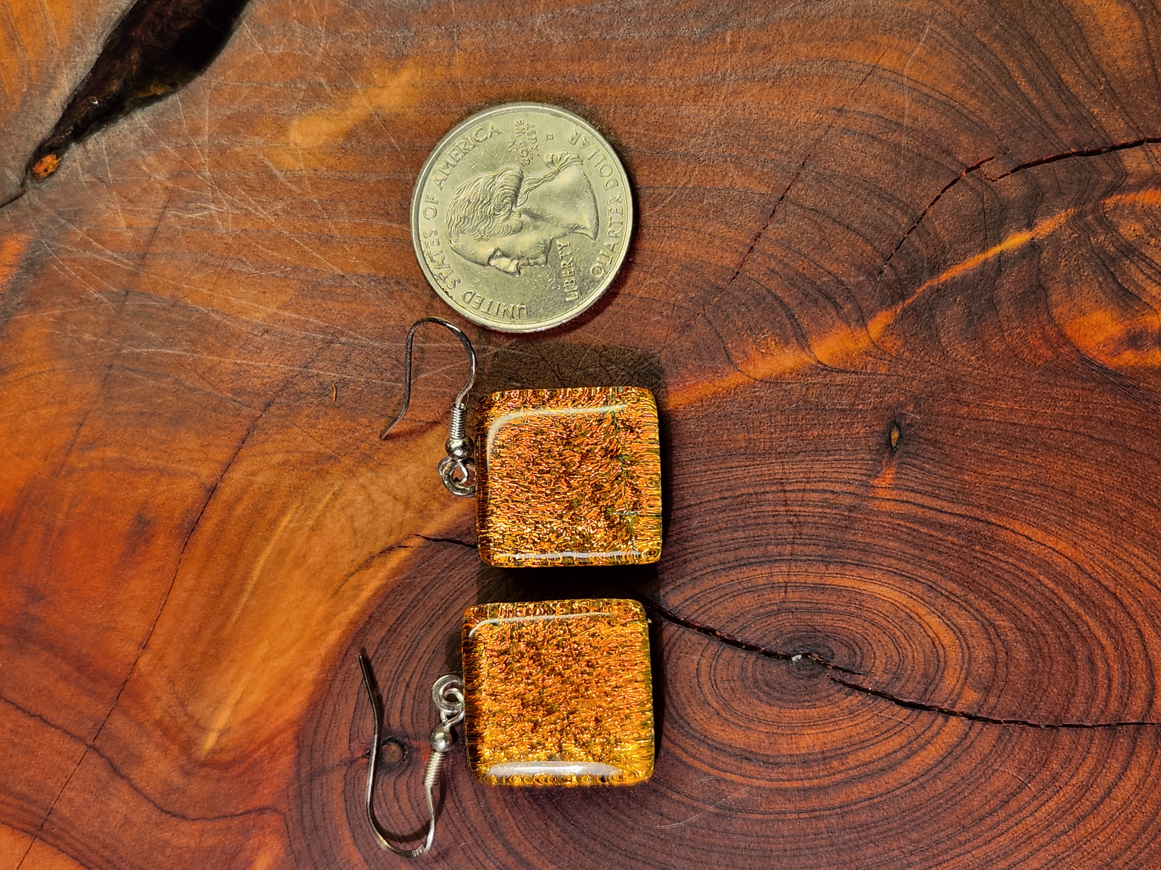 Golden Square Dichroic Fused Glass Earrings