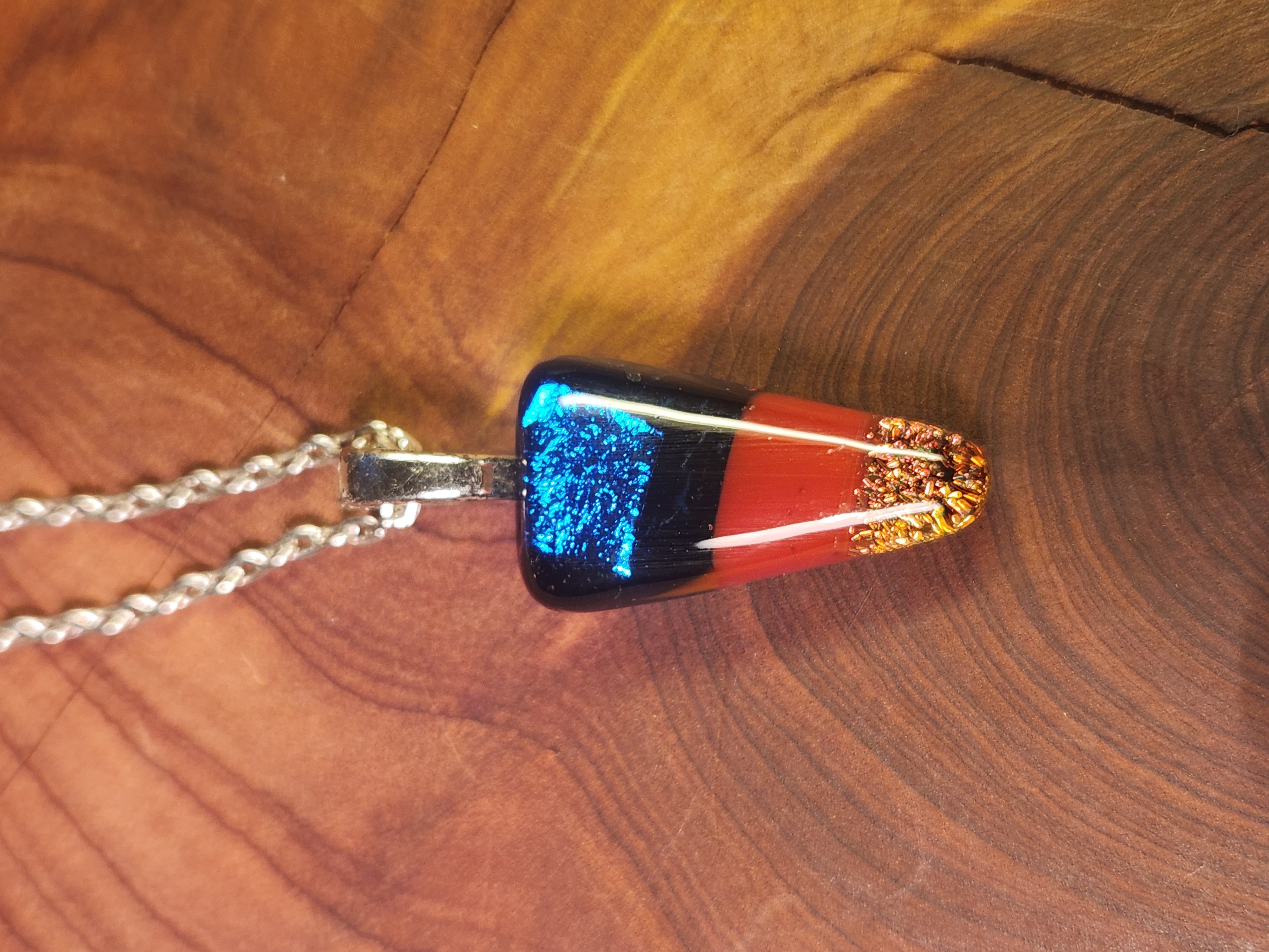 Blue, Red & Gold Trapezoid Dichroic Fused Glass Necklace