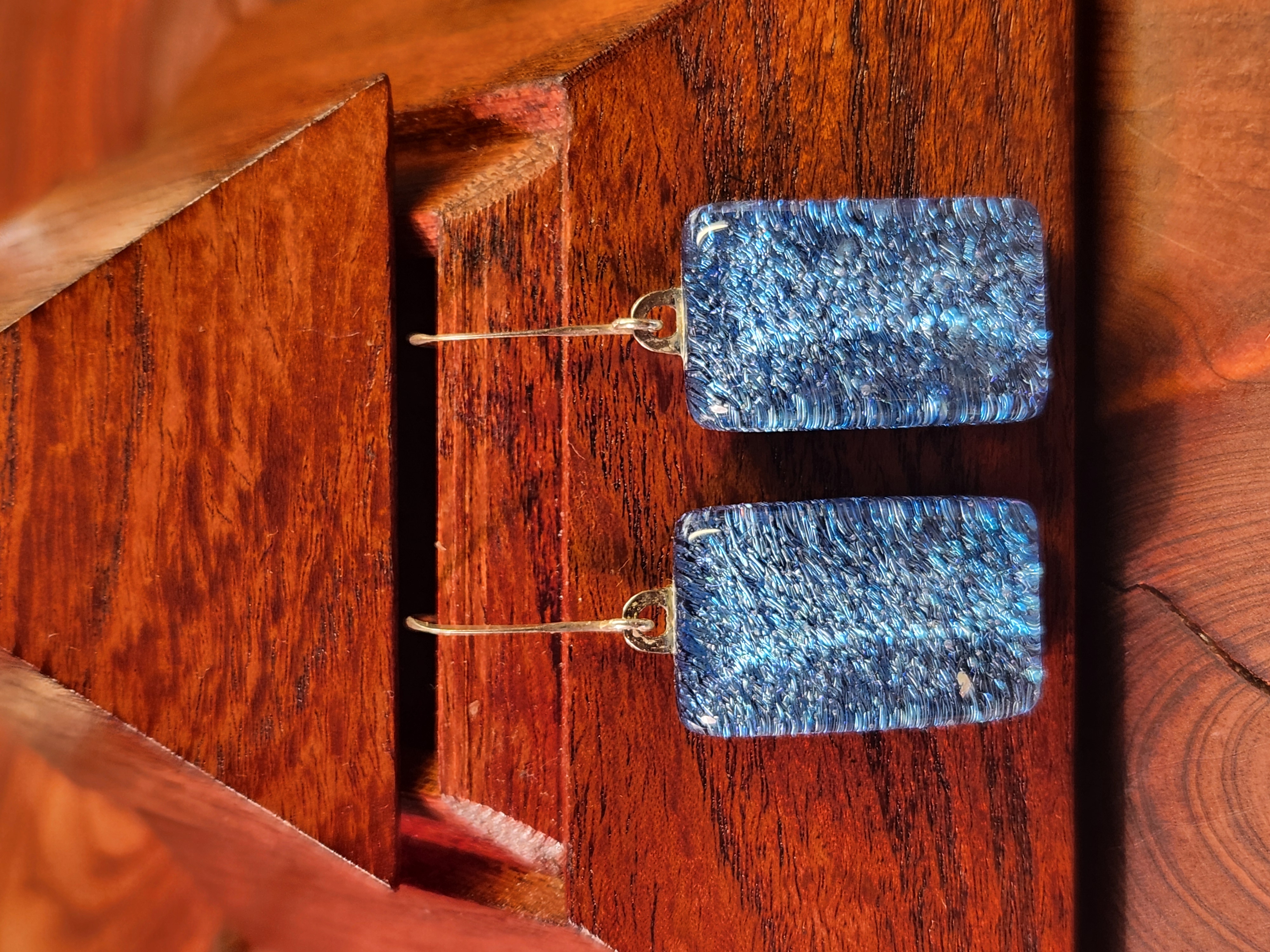 Icy Blue Rectangular Dichroic Fused Glass Earrings