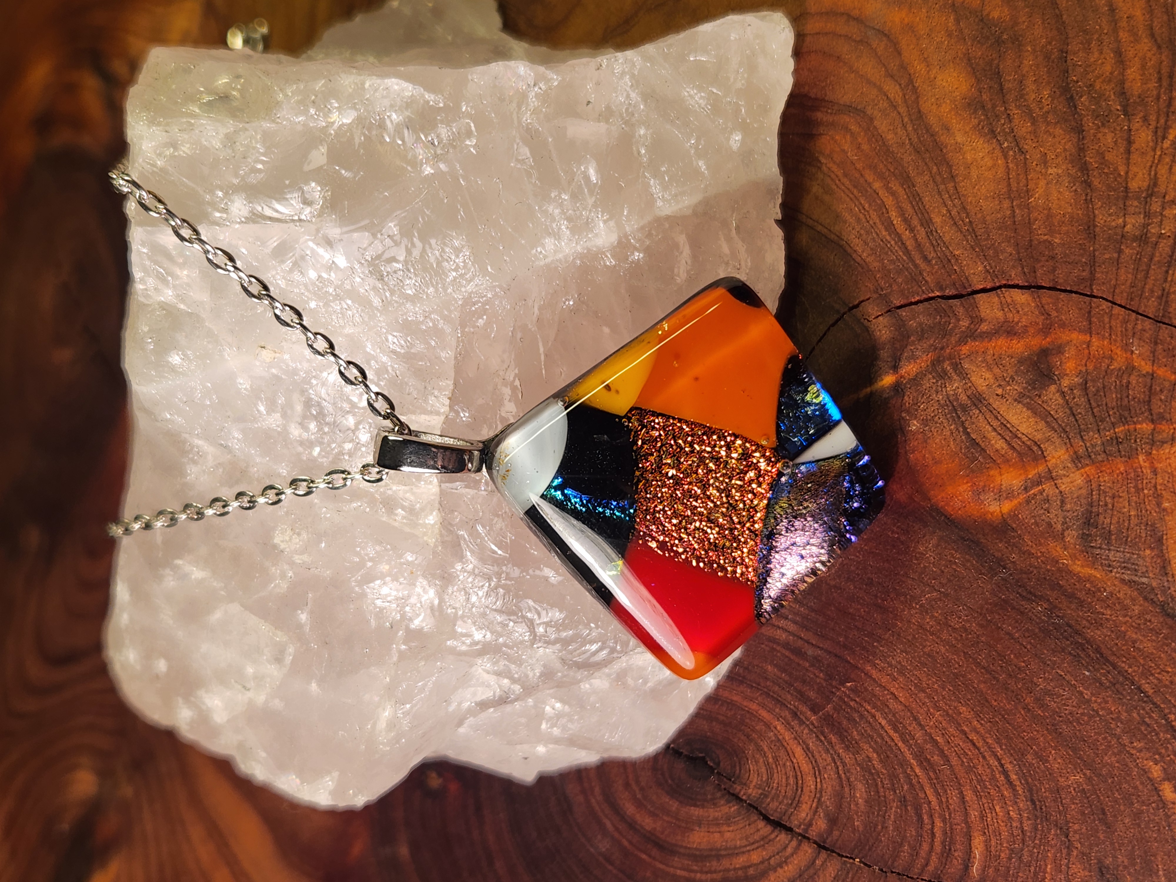 Mosaic Red, Orange & Yellow Dichroic Fused Glass Necklace