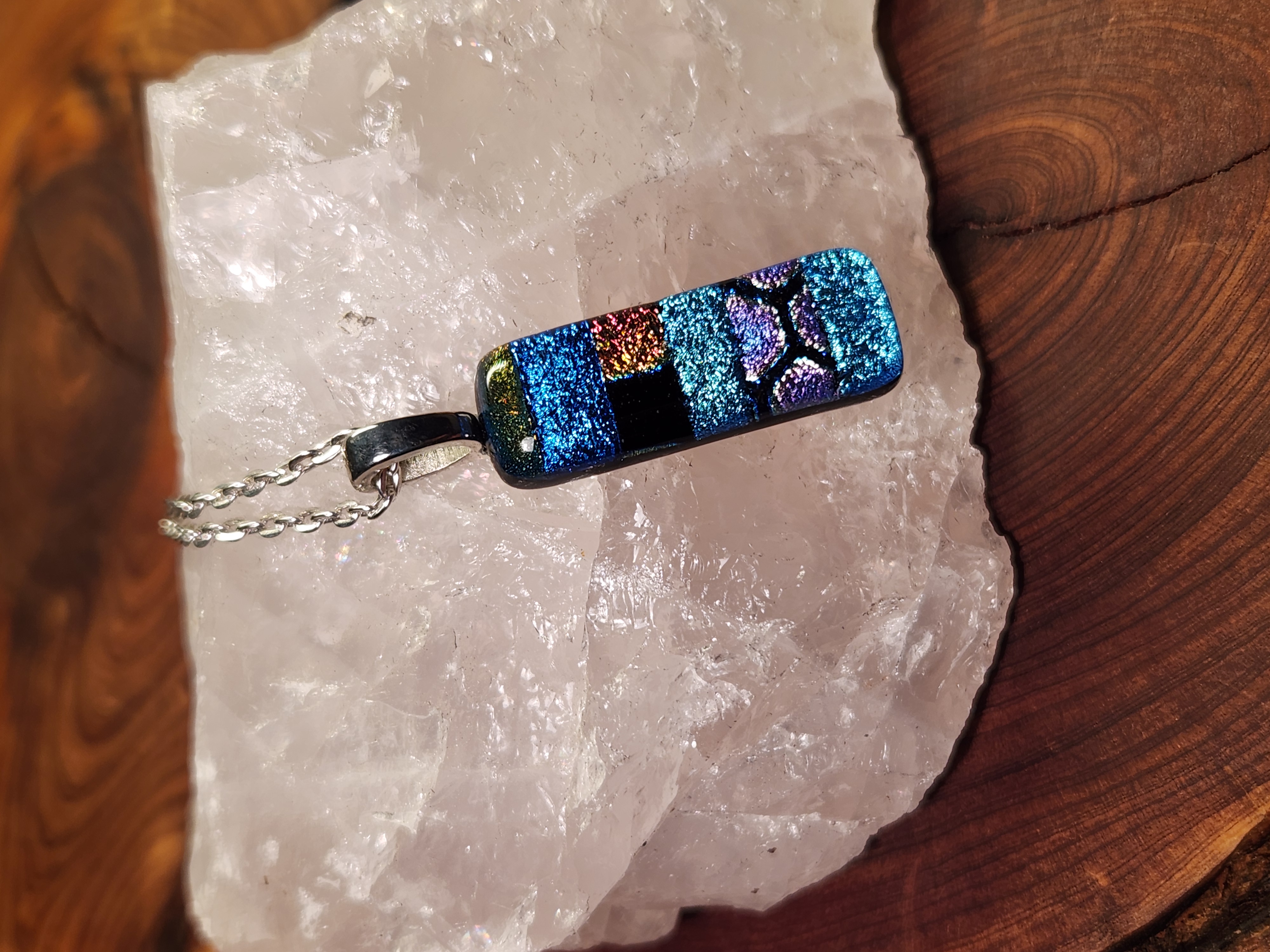 Blue & Rainbow Dichroic Fused Glass Necklace