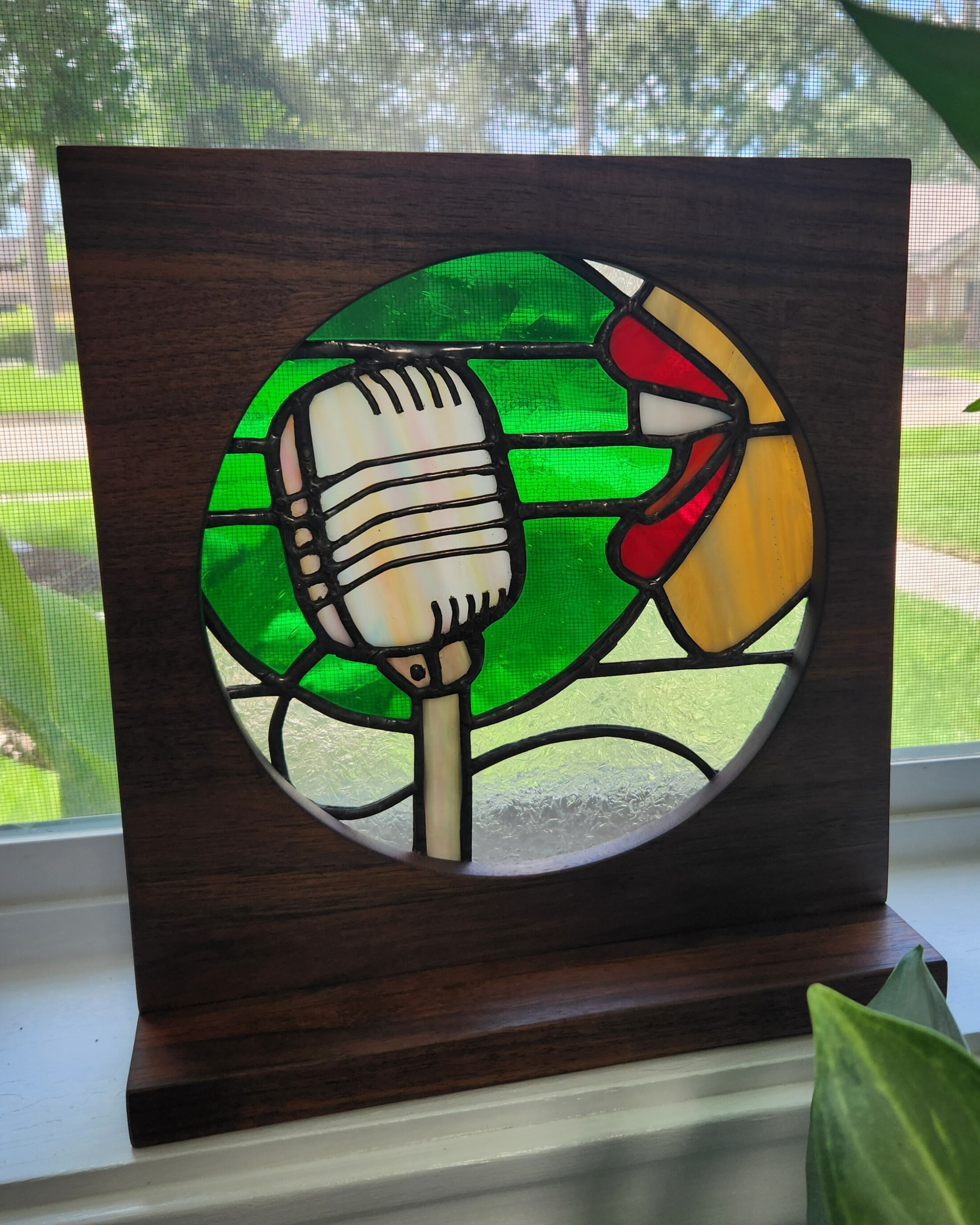 Vocal Vibration | Stained Glass Art with Heart Energy – Vintage Mic + Voice in Walnut Frame