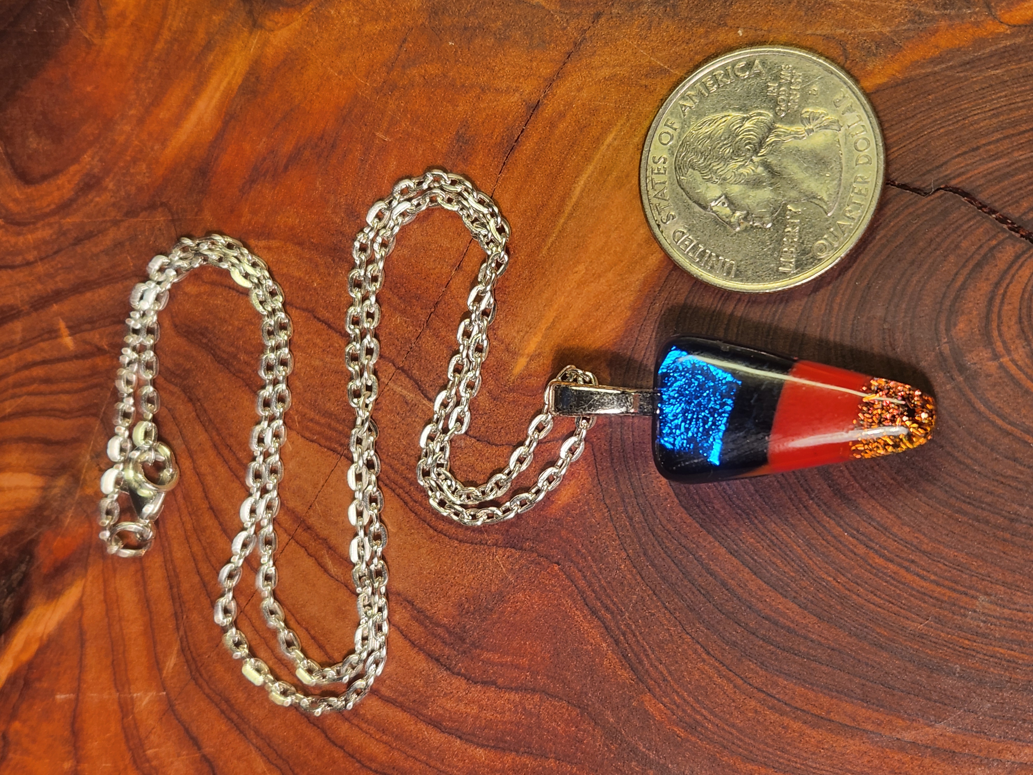 Blue, Red & Gold Trapezoid Dichroic Fused Glass Necklace