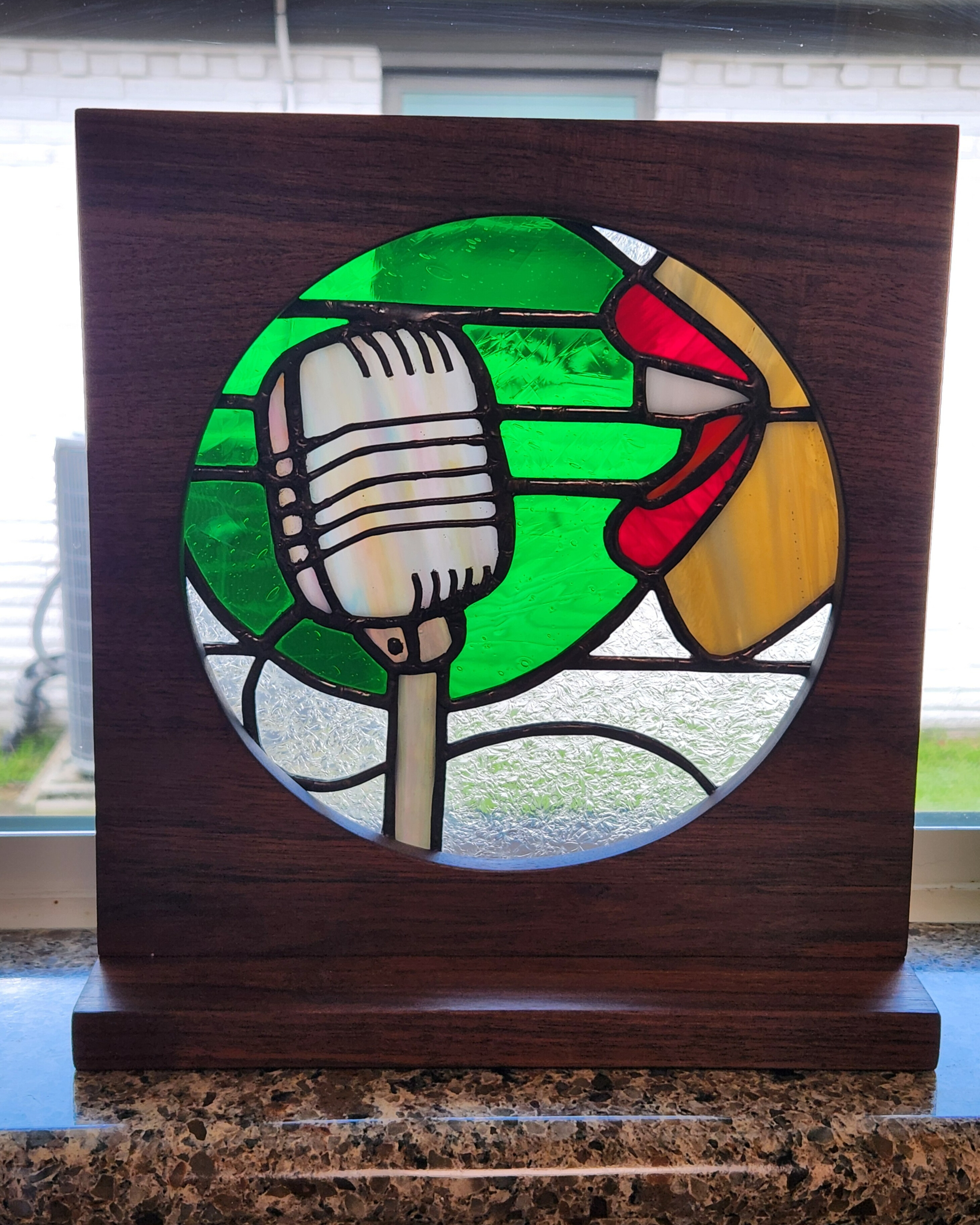 Vocal Vibration | Stained Glass Art with Heart Energy – Vintage Mic + Voice in Walnut Frame