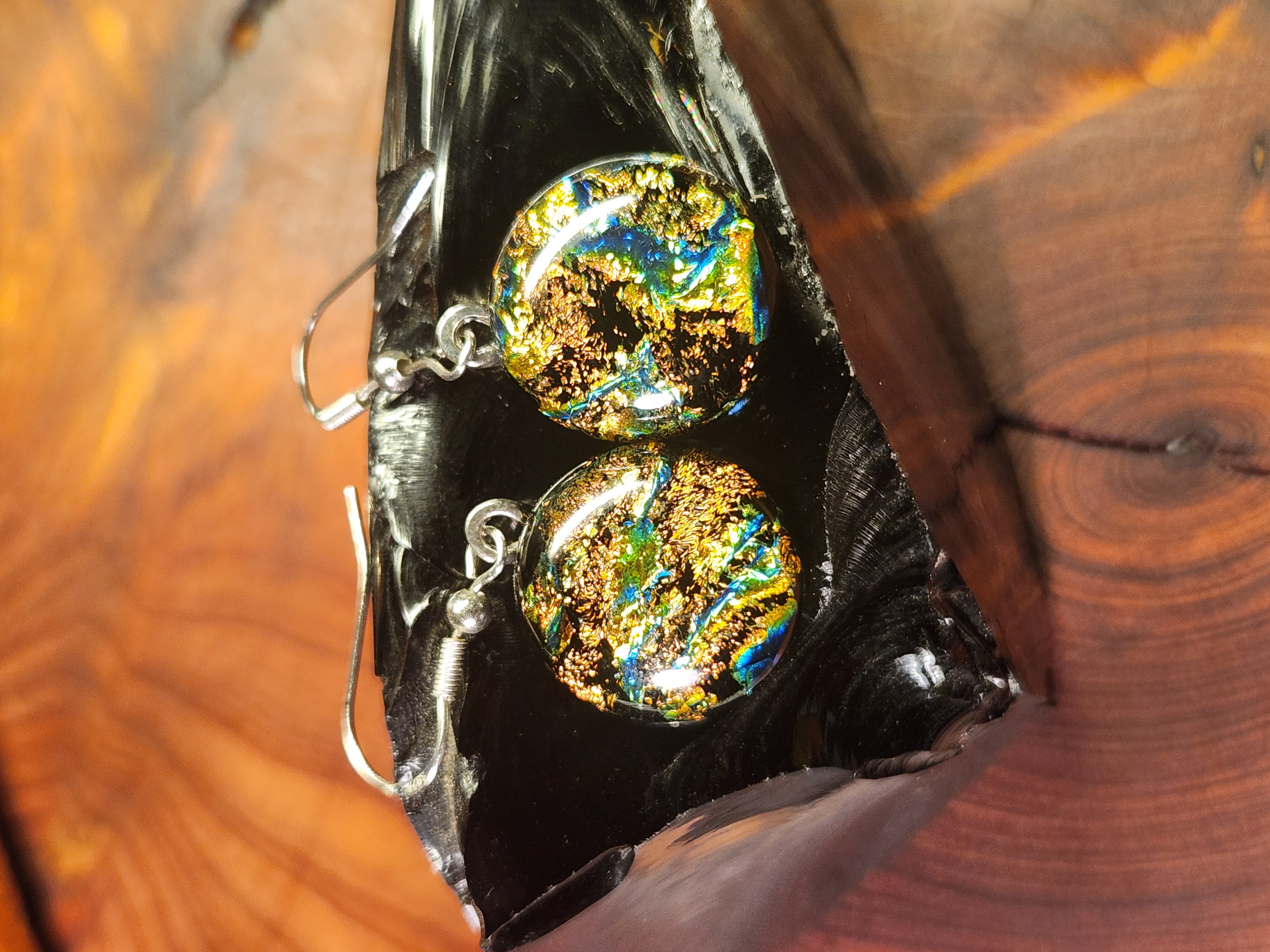 Round Drop Gold & Blue Dichroic Fused Glass Earrings