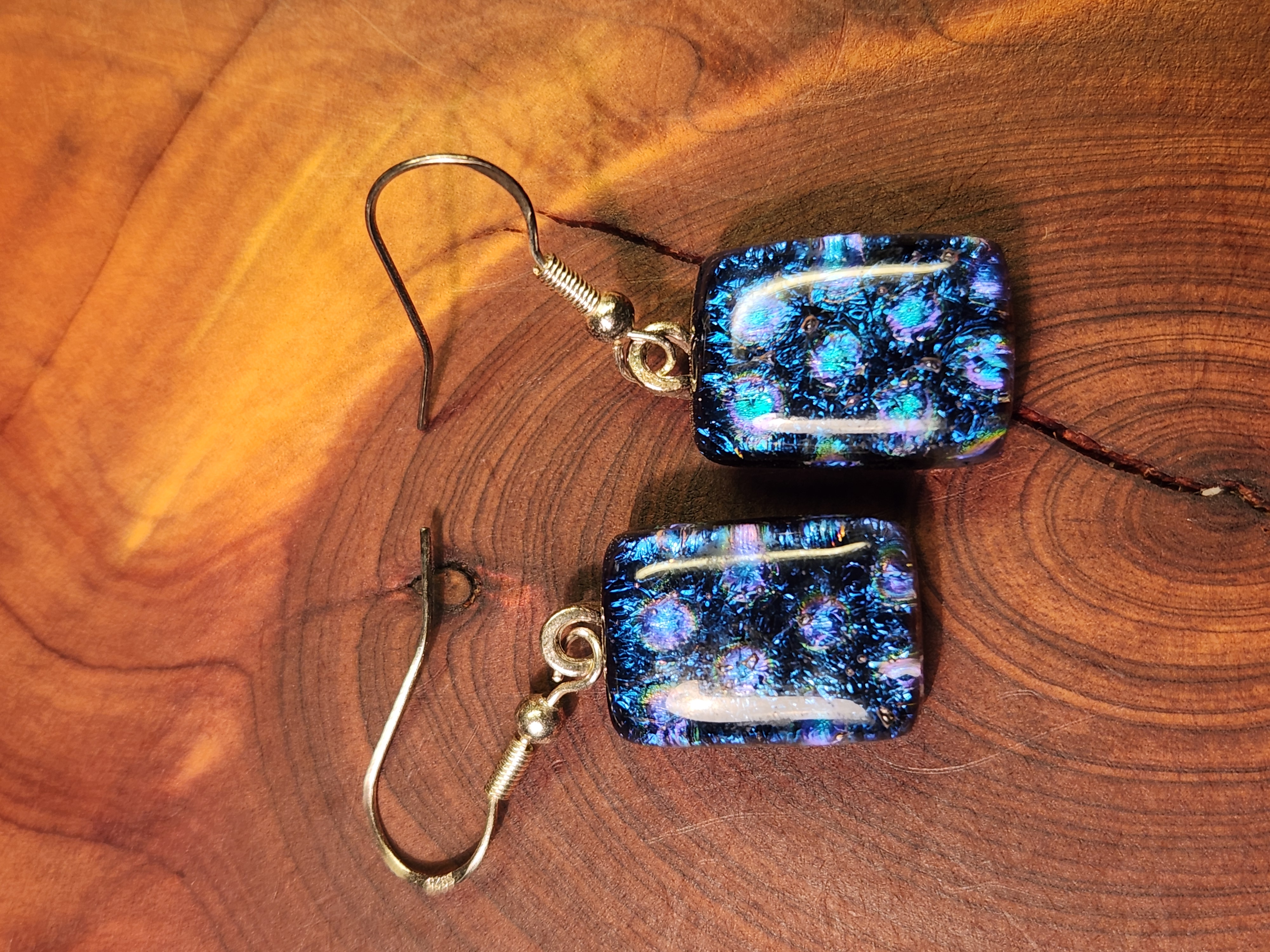 Blue Shimmering Iridescent Dichroic Fused Glass Earrings