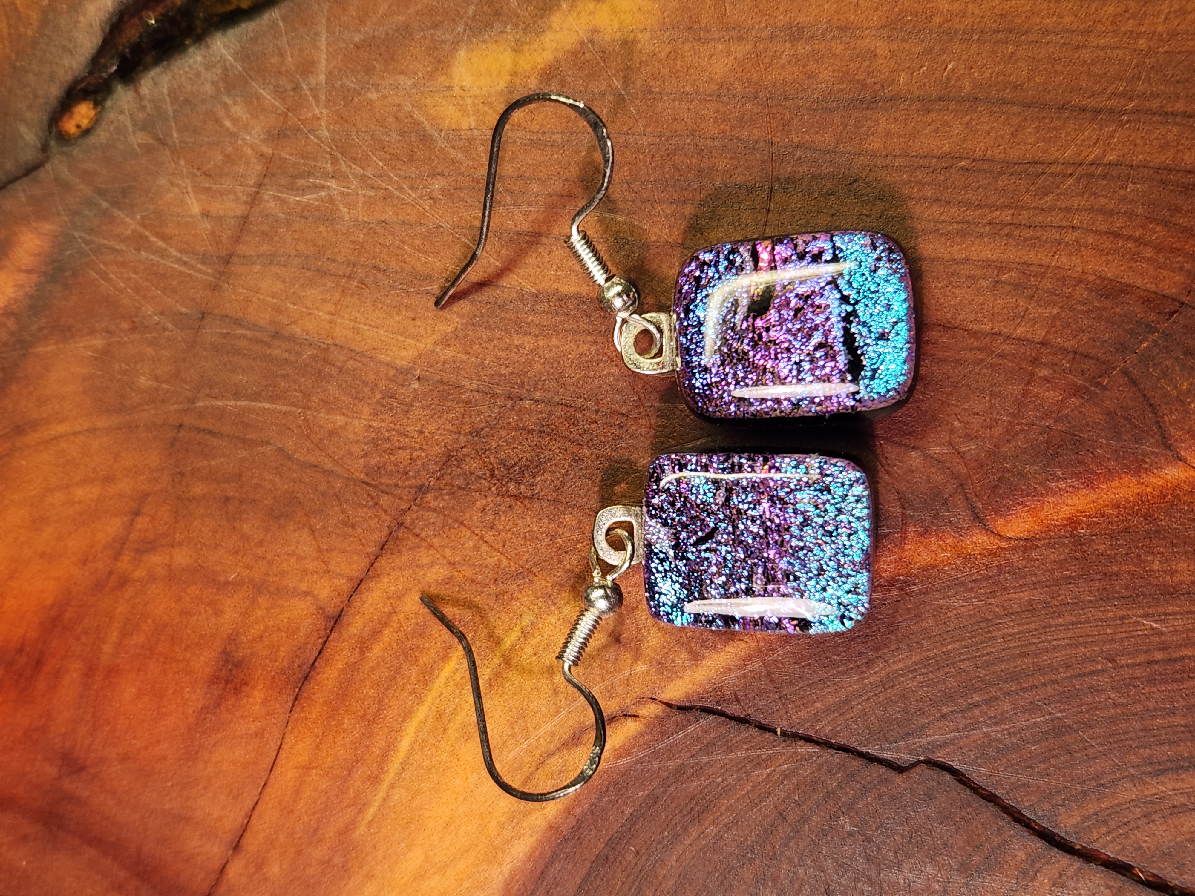 Purple & Teal Dichroic Fused Glass Earrings