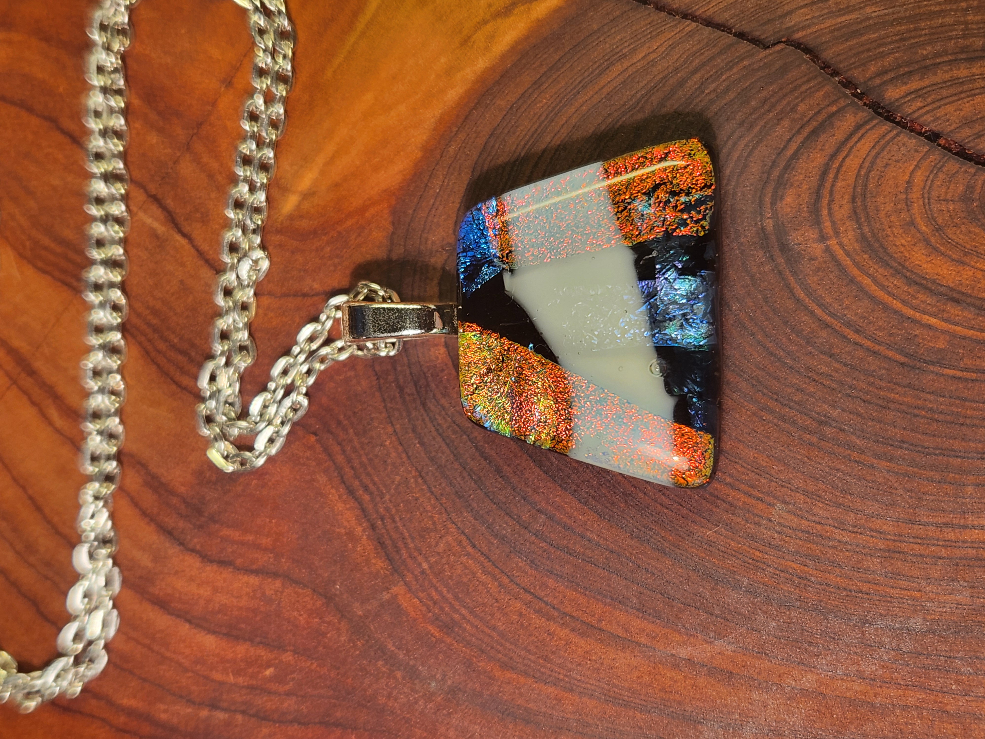 Vibrant Orange, Blue & Gold Dichroic Fused Glass Necklace