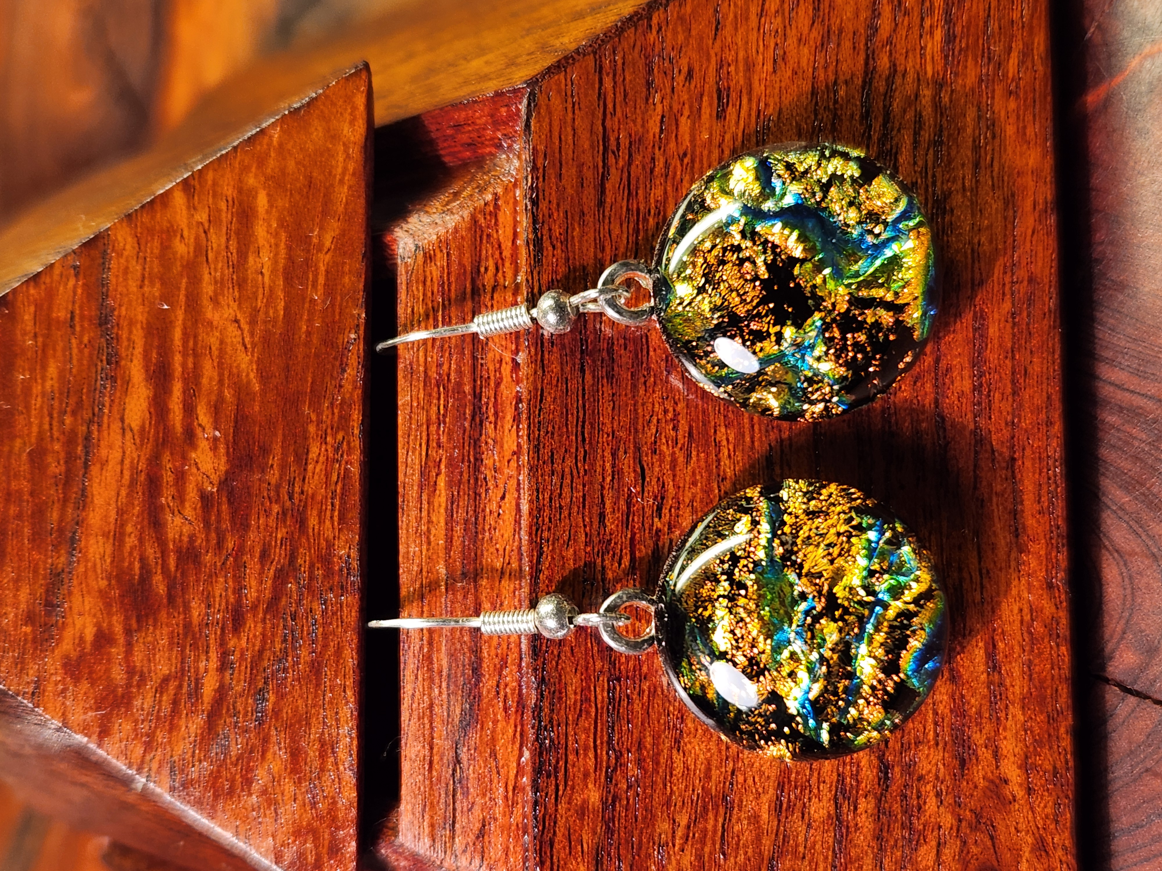 Round Drop Gold & Blue Dichroic Fused Glass Earrings