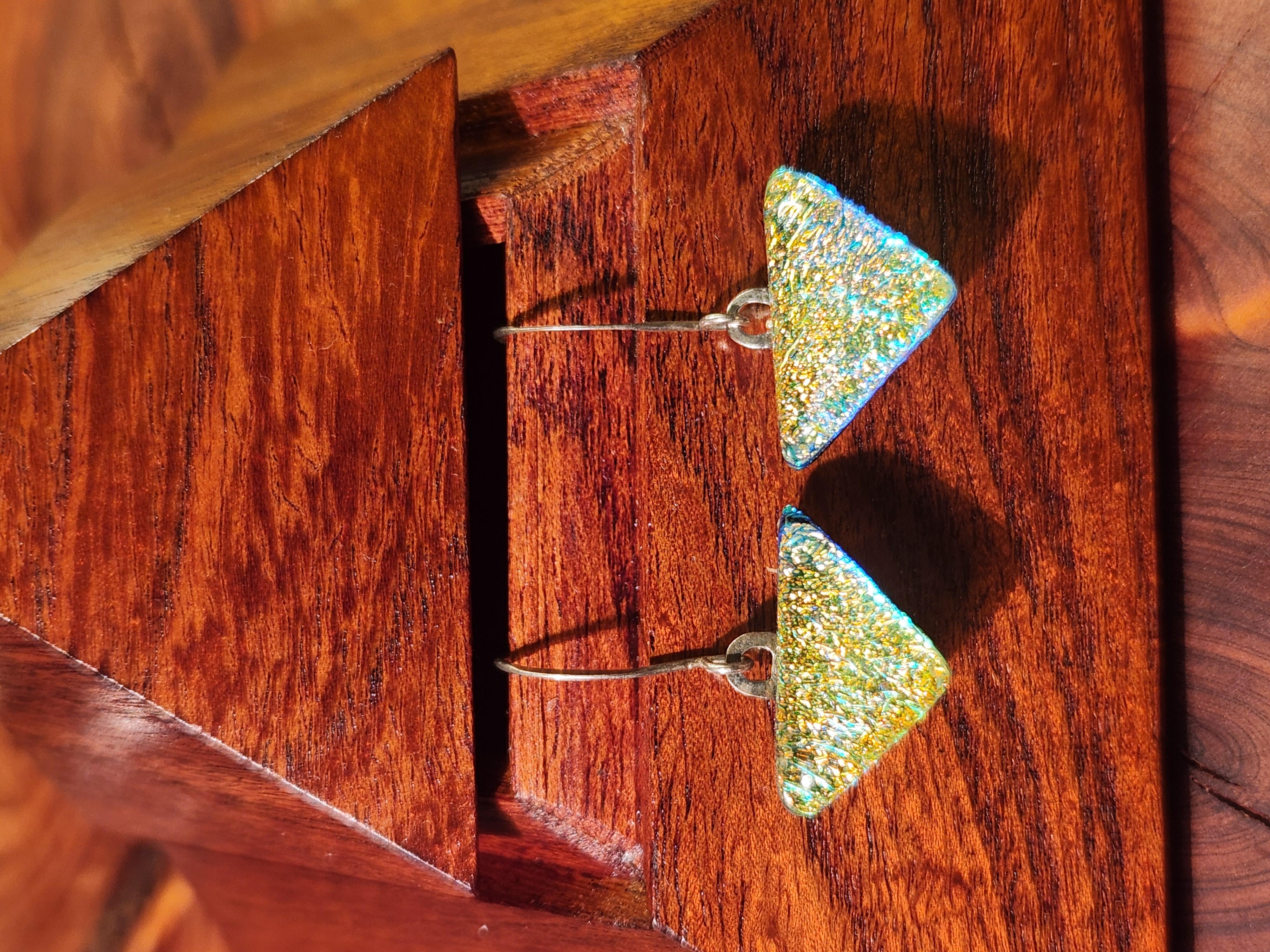 Gold & Aqua Triangle Dichroic Fused Glass Earrings